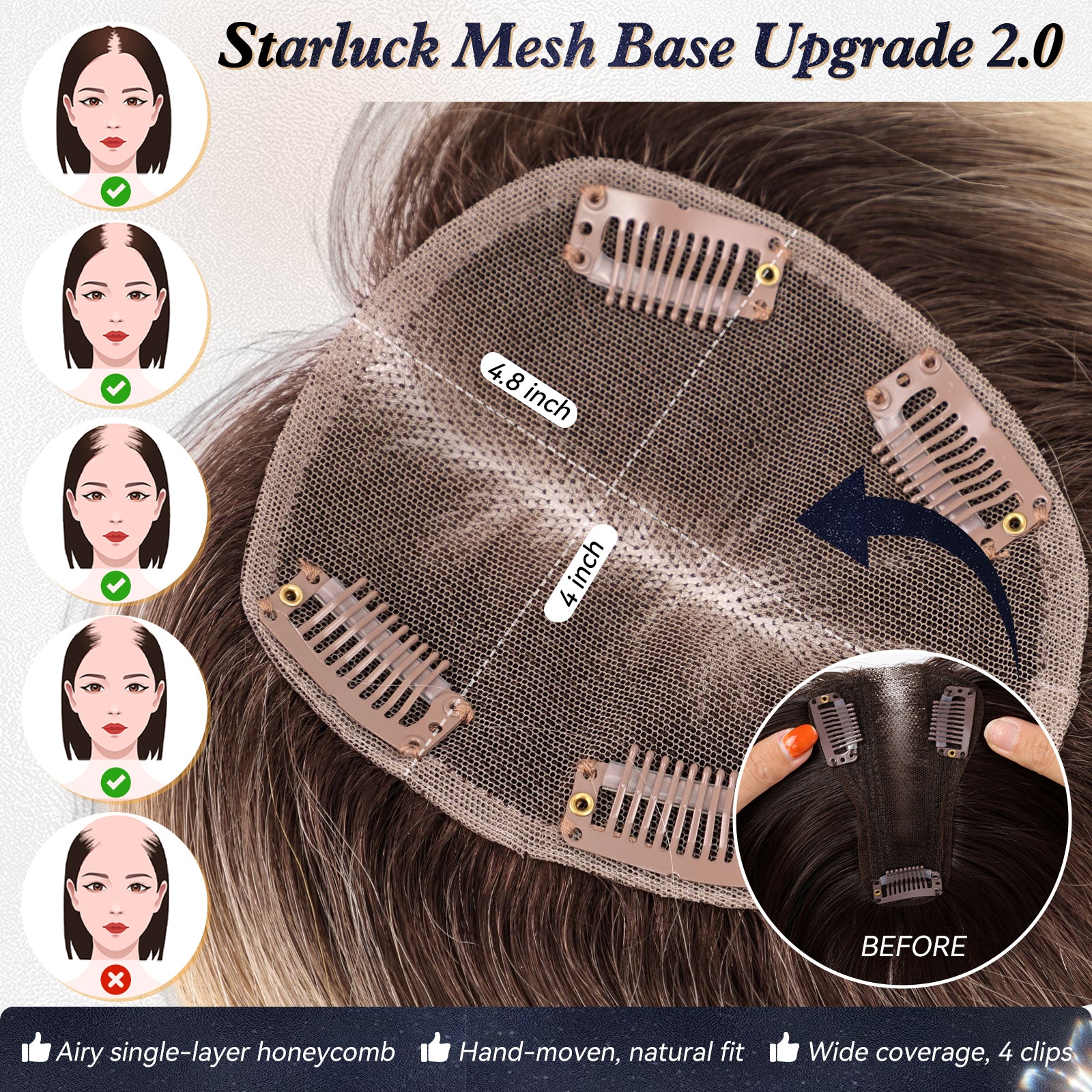 Image of starluck Hair Toppers for Women Real Human Hair With Bangs, 100% Remy Human Hair Toppers for Women Hand-woven with Thinning Hair,Cover Gray Hair Roots,Adds Hair Volume