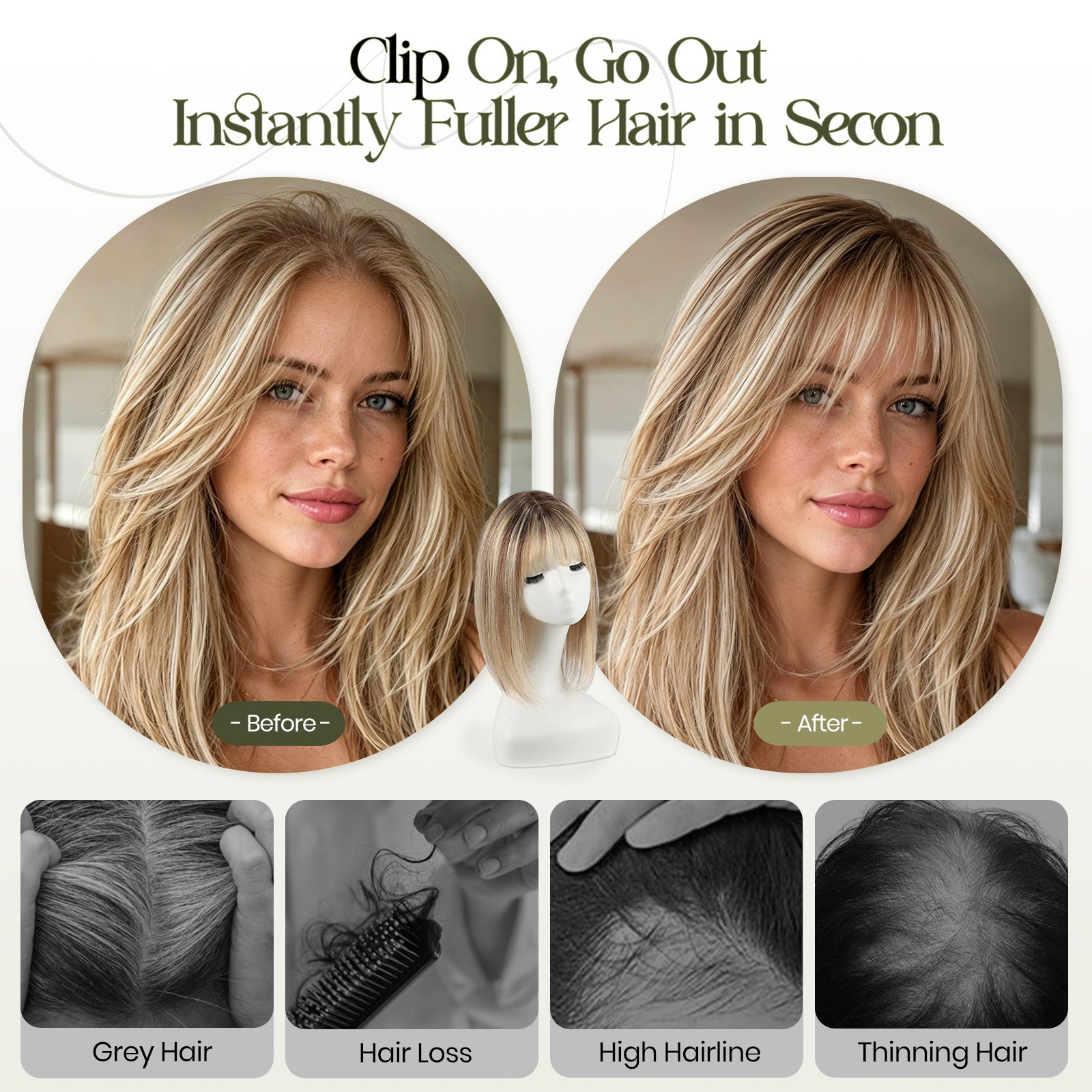 Image of Human Hair Topper with Halo Wire, Swiss Base by Skin-imitating Net Essentials with Bangs