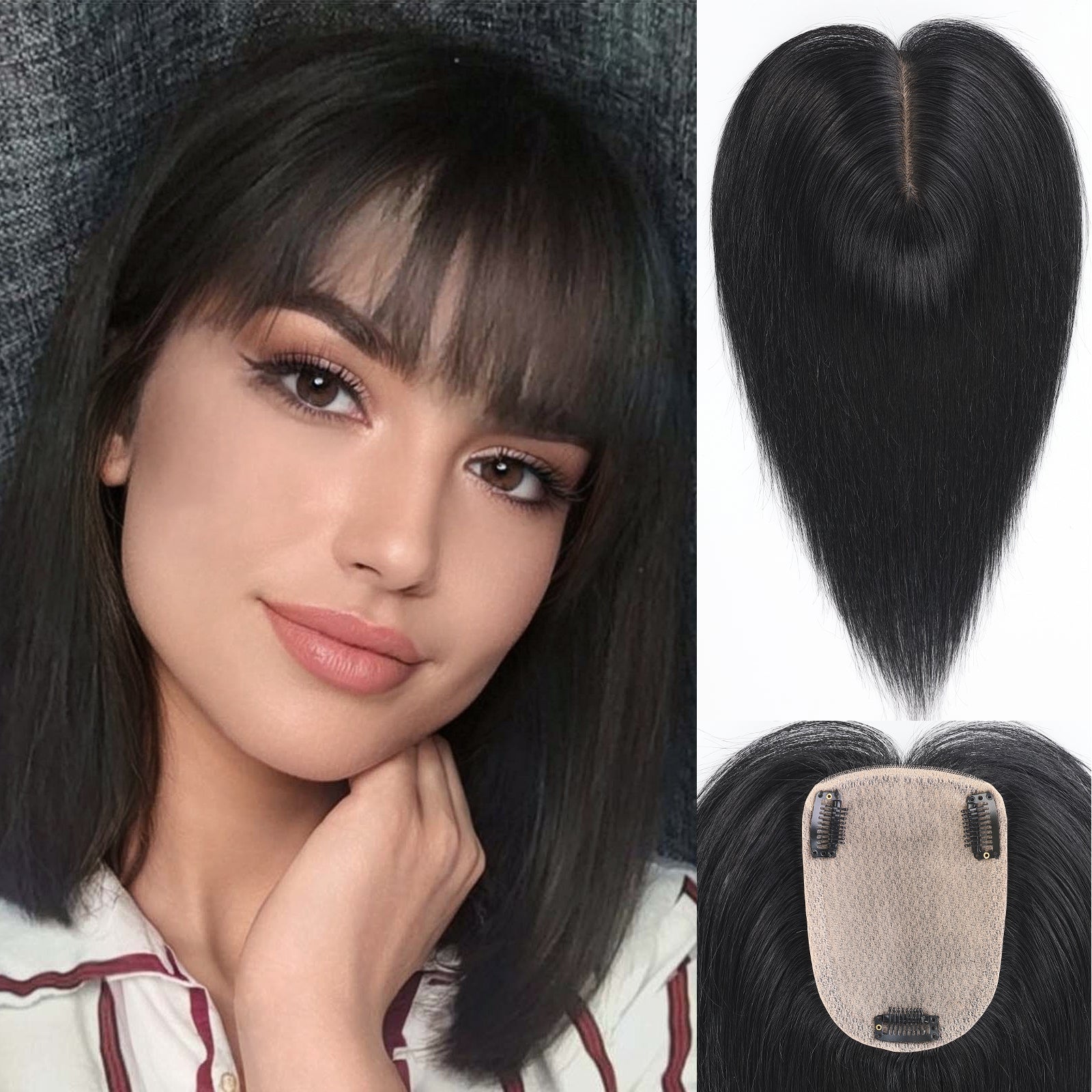 Image of starluck Human Hair Toppers for Women Real Human Hair No Bangs 4 * 5.5 inch Base 12 inch SilkHug Hair Topper for Women Cover Grey Roots