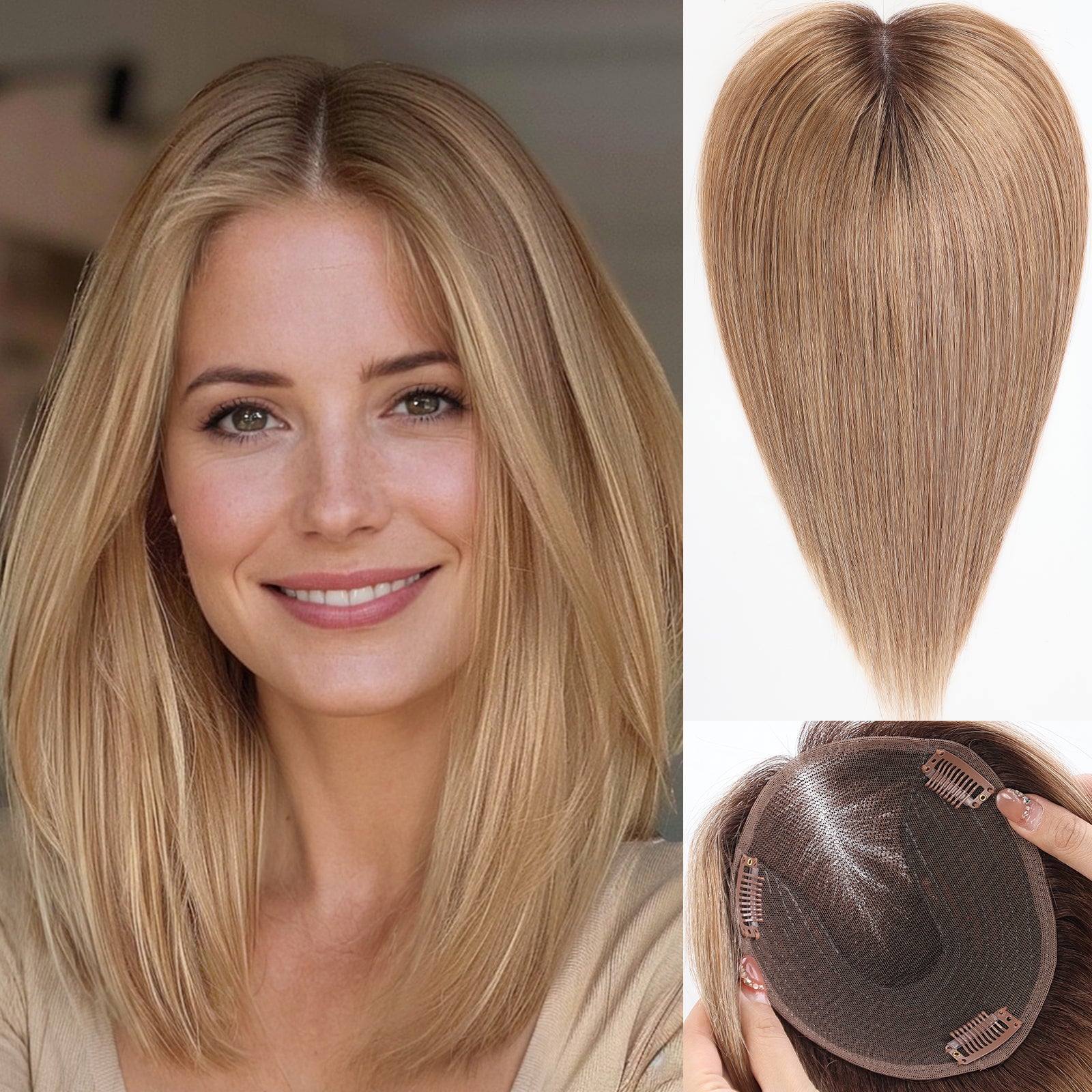 starluck 6x5 inch Lage Swiss Base 14 Inch Real Human Hair Toppers,60 Gram, 100% Real Human Hair Toppers for Women with thinning hair hair loss No Bangs
