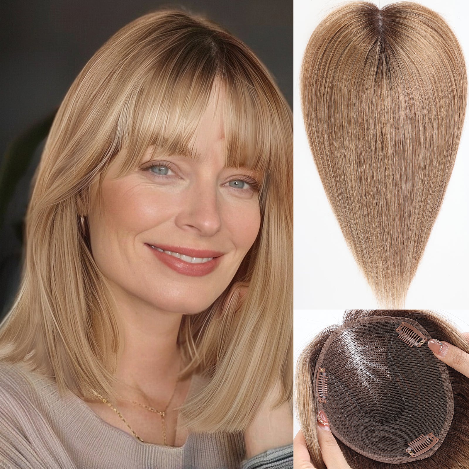 Image of starluck 6x5 inch Lage Swiss Base 14 Inch Real Human Hair Toppers,60 Gram, 100% Real Human Hair Toppers for Women with thinning hair hair loss with Bangs