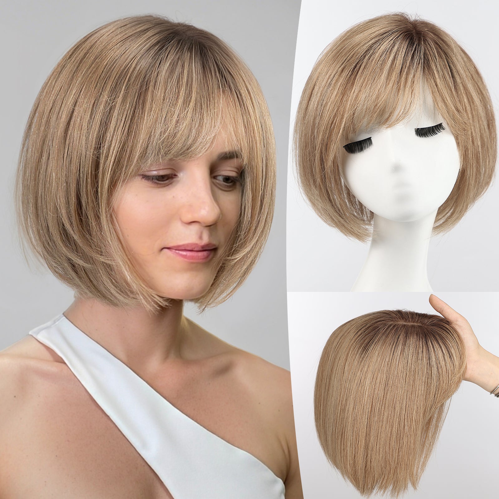 Image of starluck Hair Topper for Women Real Human Hair, 6.5x6.5 inch Base Bob with Bangs Side Part SilkHug Human Hair Topper for Women with ThinngHair Cover Gray Roots