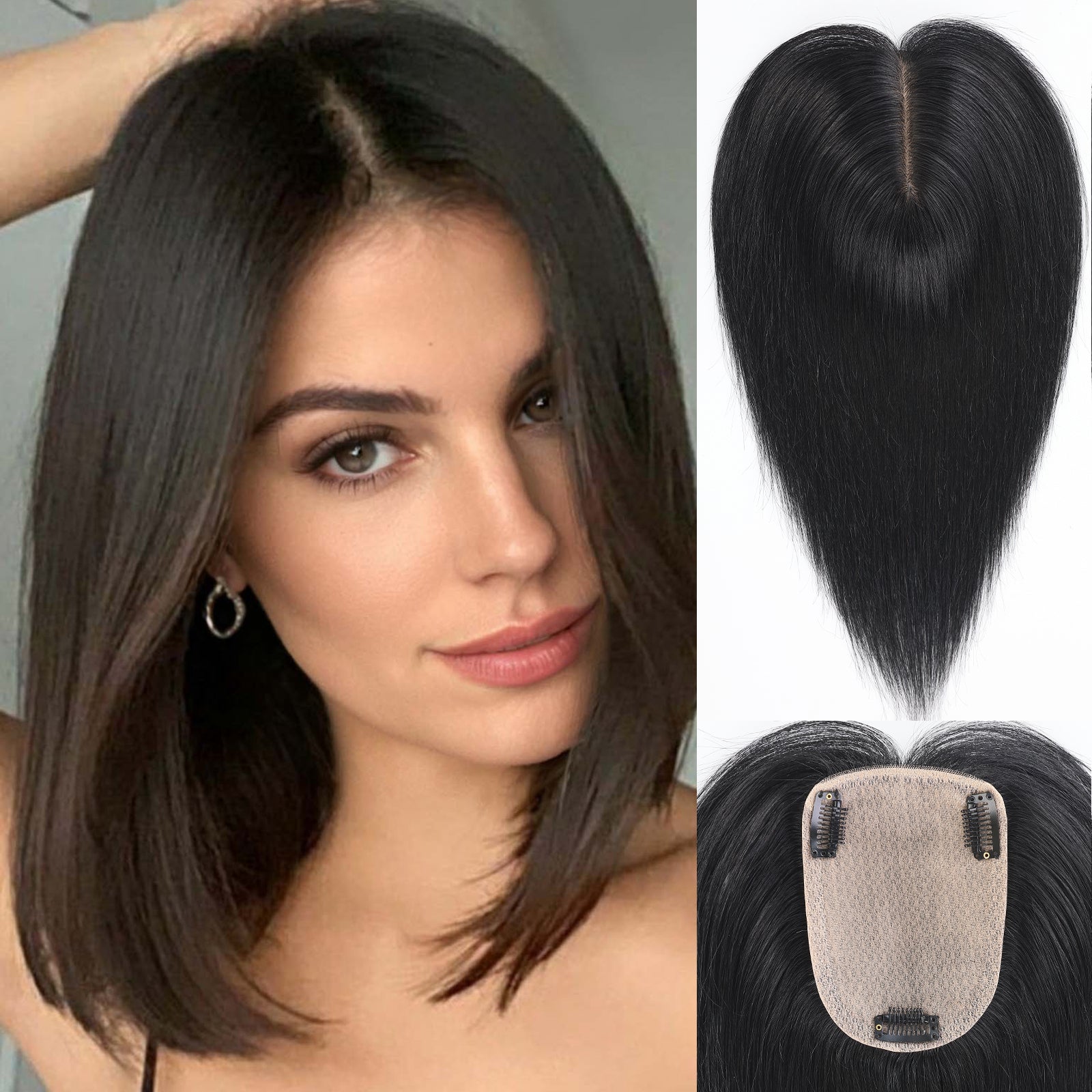 Image of Second Scalp Human Hair Toppers for Women Real Human Hair No Bangs 4 * 5.5 inch Base 12 inch SilkHug Hair Topper for Women Cover Grey Roots