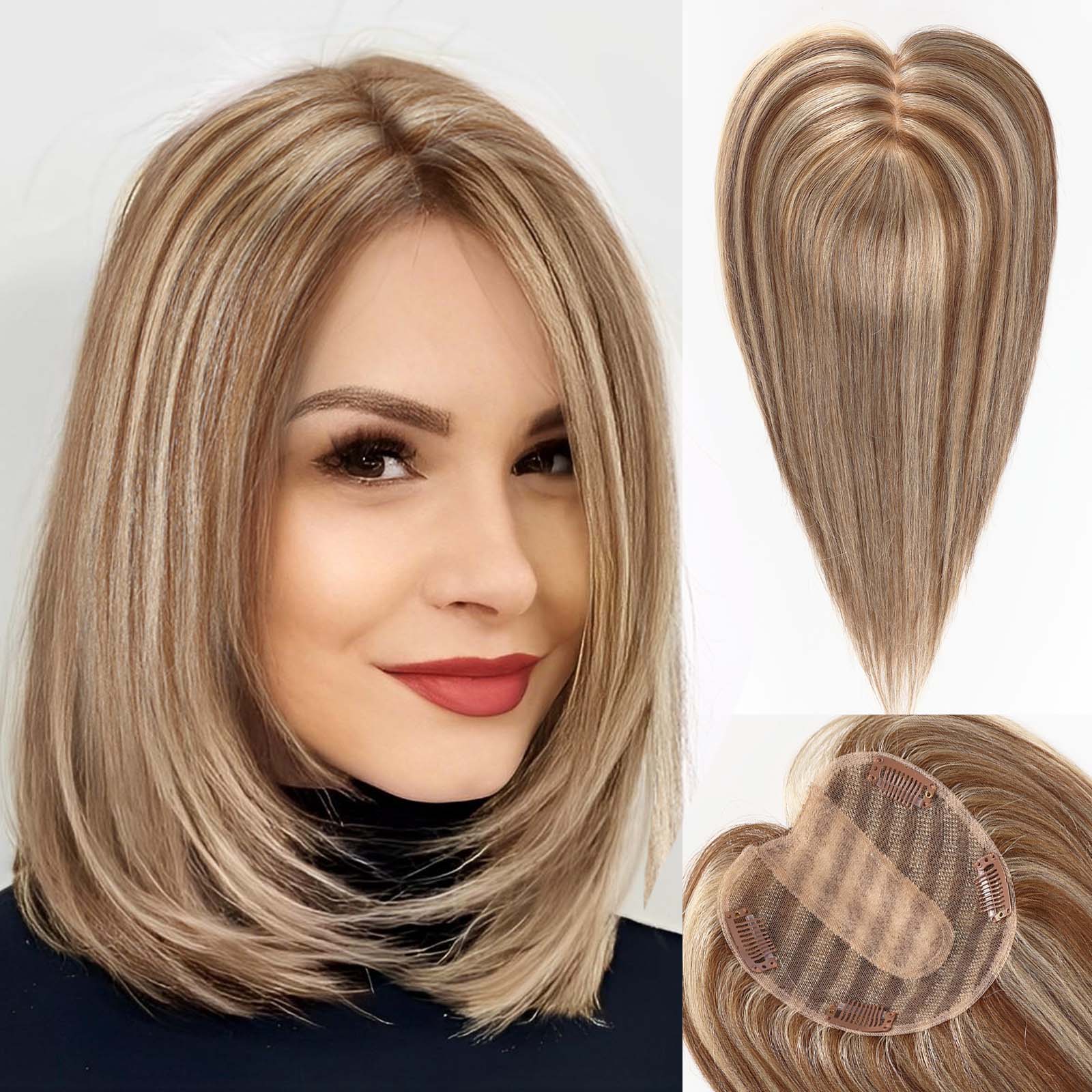 Image of starluck 5x5 inch Lage Silk Base 14 Inch Real Human Hair Toppers for Women,60 Gram High volume, 100% Real Human Hair Toppers for Women with thinning hair hair loss. no Bangs