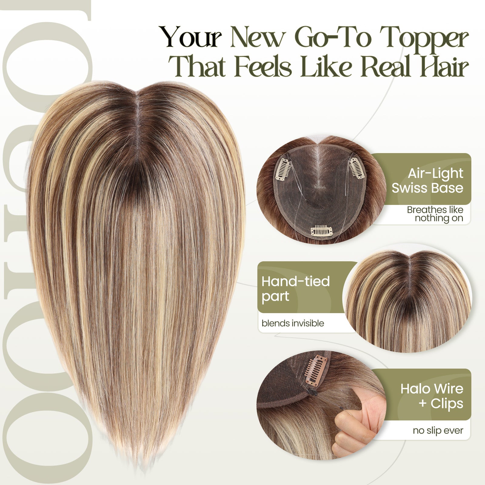 Image of Human Hair Topper with Halo Wire, Swiss Base by Skin-imitating Net Essentials with Bangs