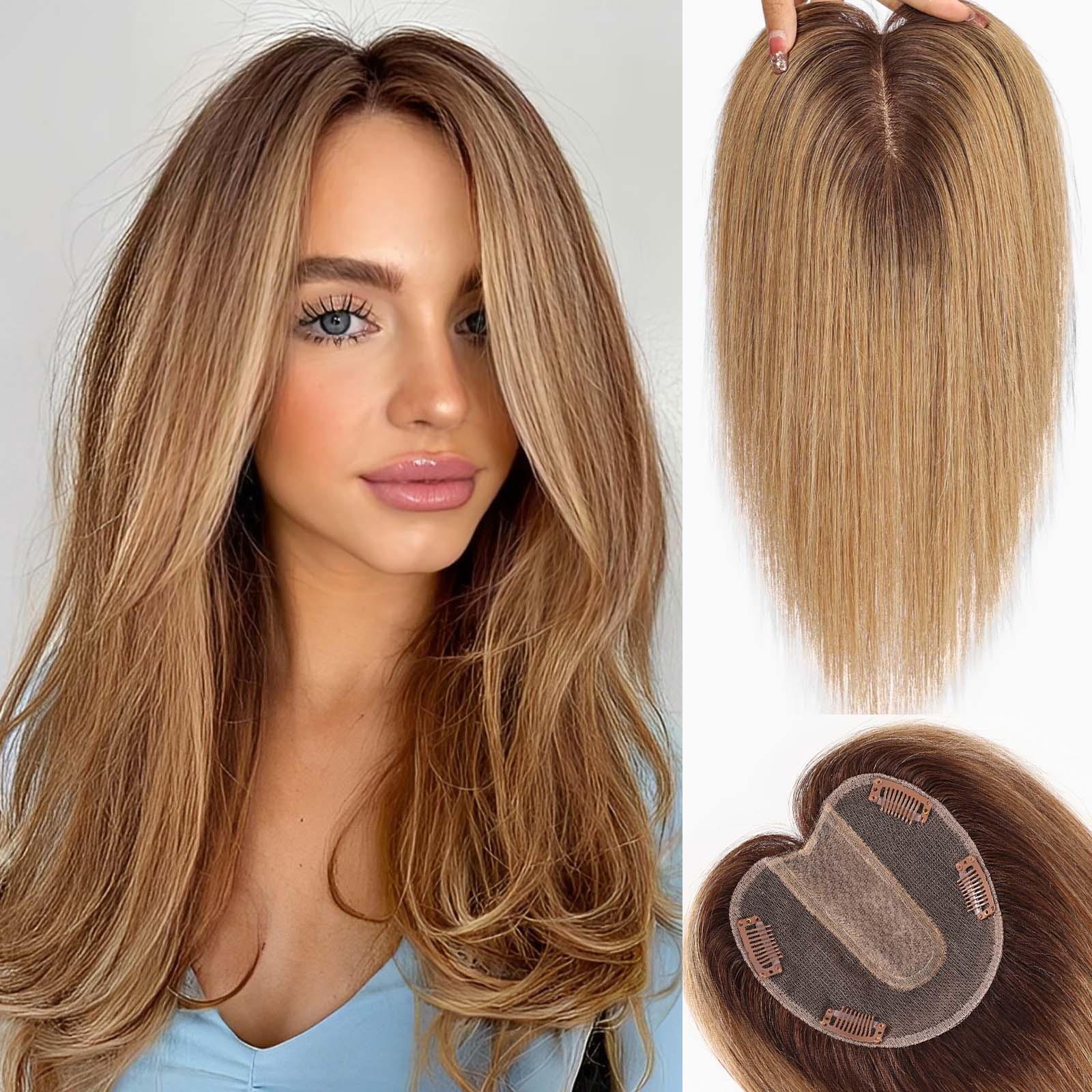 Image of starluck 5x5 inch Lage Silk Base 14 Inch Real Human Hair Toppers for Women,60 Gram High volume, 100% Real Human Hair Toppers for Women with thinning hair hair loss. no Bangs