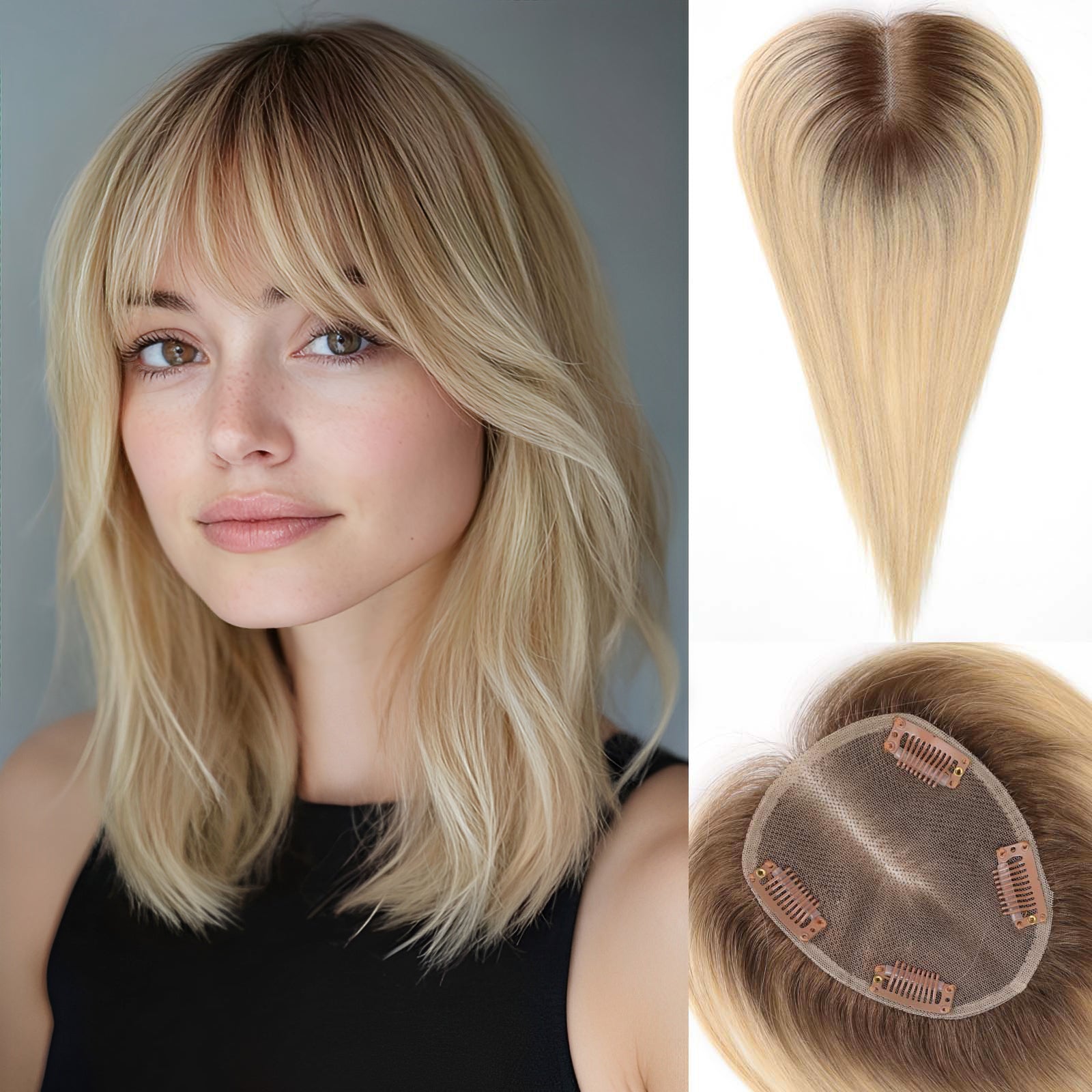 Image of starluck Hair Toppers for Women Real Human Hair With Bangs, 100% Remy Human Hair Toppers for Women Hand-woven with Thinning Hair,Cover Gray Hair Roots,Adds Hair Volume