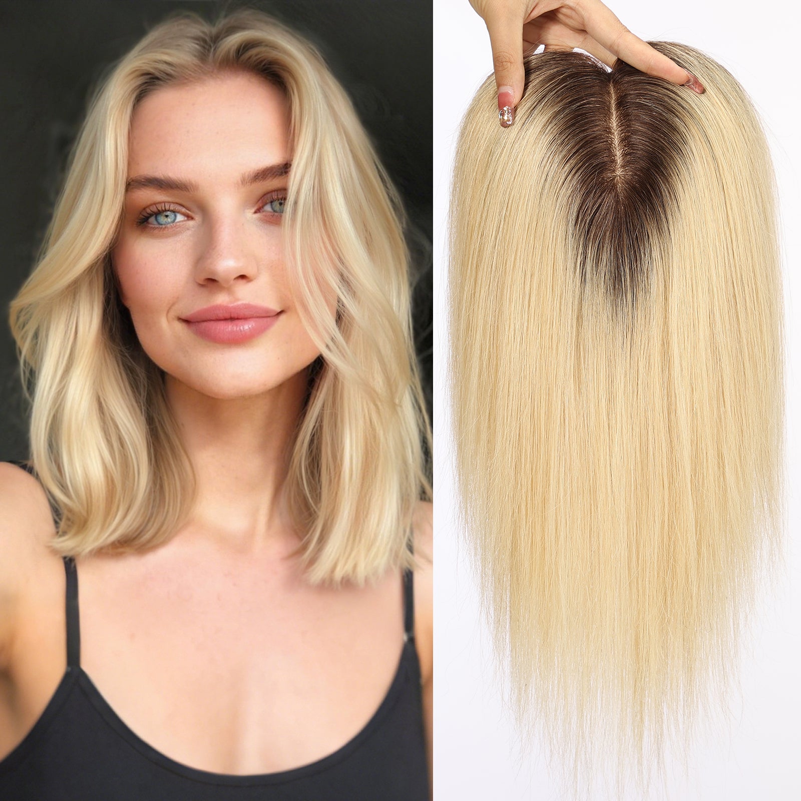 Image of starluck 5x5 inch Lage Silk Base 14 Inch Real Human Hair Toppers for Women,60 Gram High volume, 100% Real Human Hair Toppers for Women with thinning hair hair loss. no Bangs