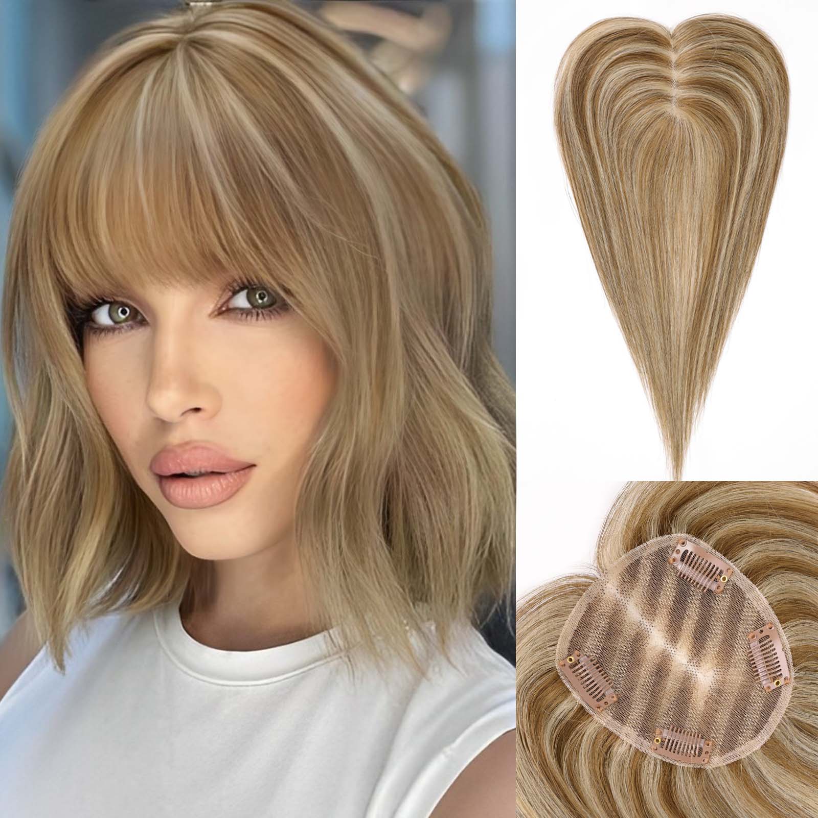 Image of starluck Hair Toppers for Women Real Human Hair With Bangs, 100% Remy Human Hair Toppers for Women Hand-woven with Thinning Hair,Cover Gray Hair Roots,Adds Hair Volume
