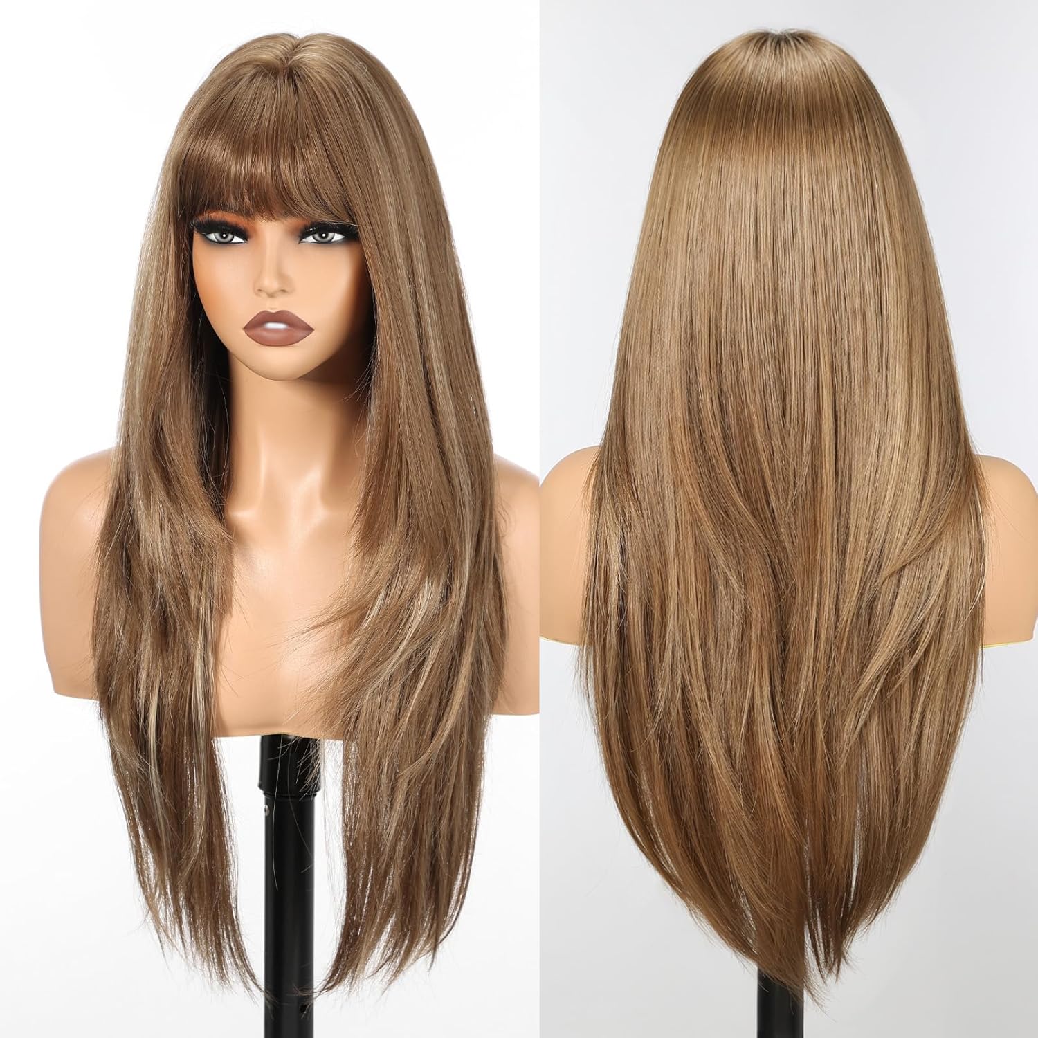 S-Scalp Long Straight Wigs for Women Layered Synthetic Wig with Bangs Light Brown Color for Daily
