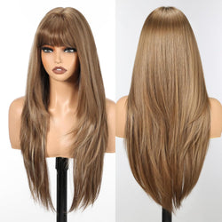 Image of S-Scalp Long Straight Wigs for Women Layered Synthetic Wig with Bangs Light Brown Color for Daily