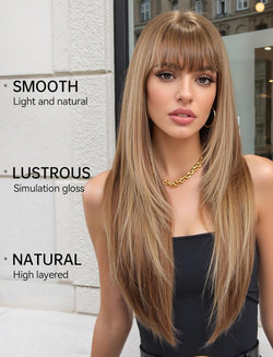 Image of S-Scalp Long Straight Wigs for Women Layered Synthetic Wig with Bangs Light Brown Color for Daily
