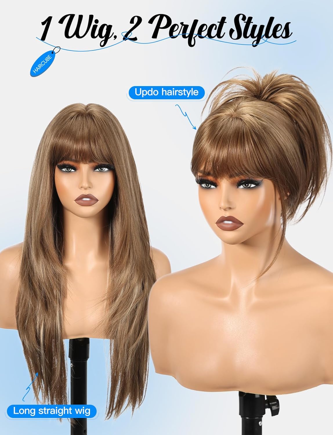 S-Scalp Long Straight Wigs for Women Layered Synthetic Wig with Bangs Light Brown Color for Daily