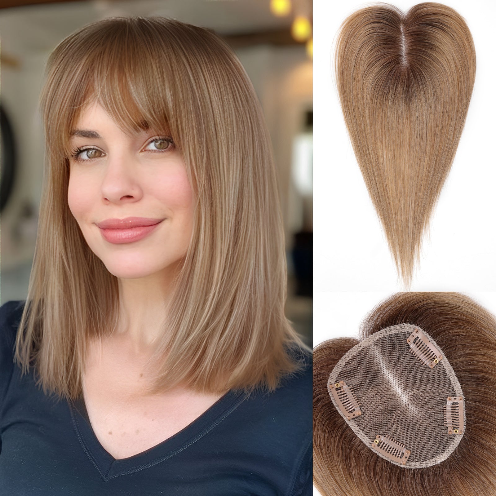 Image of starluck Hair Toppers for Women Real Human Hair With Bangs, 100% Remy Human Hair Toppers for Women Hand-woven with Thinning Hair,Cover Gray Hair Roots,Adds Hair Volume