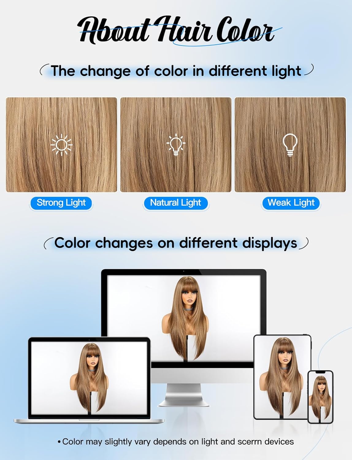S-Scalp Long Straight Wigs for Women Layered Synthetic Wig with Bangs Light Brown Color for Daily