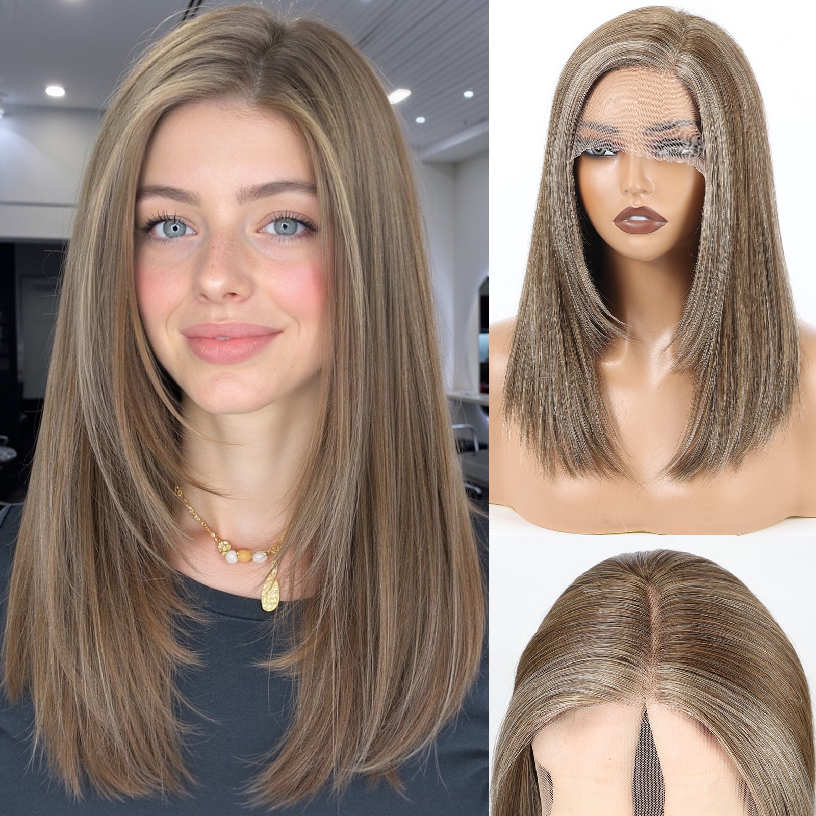 Image of Starluck Lace Front Wigs Human Hair 16 Inch 180 Density 13x5 Straight Pre Cut Plucked Glueless HD Side Part Human Hair Lace Frontal Glueless Wigs for Women
