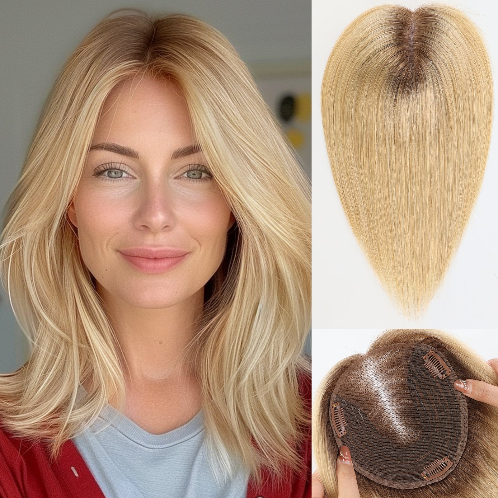 Image of starluck 6x5 inch Lage Swiss Base 14 Inch Real Human Hair Toppers,60 Gram, 100% Real Human Hair Toppers for Women with thinning hair hair loss No Bangs