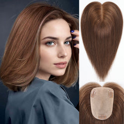 Image of Second Scalp Human Hair Toppers for Women Real Human Hair No Bangs 4 * 5.5 inch Base 12 inch SilkHug Hair Topper for Women Cover Grey Roots