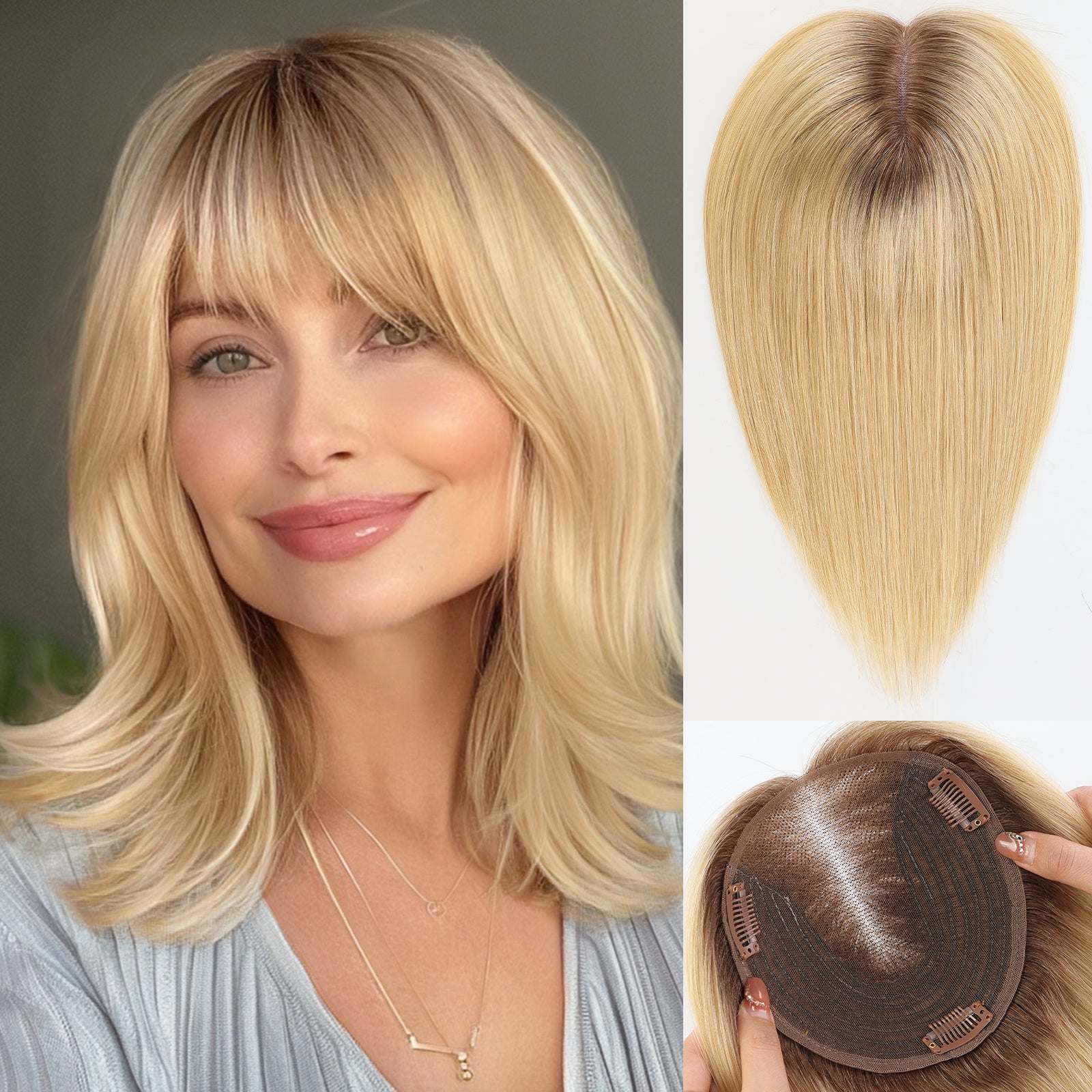 Image of starluck 6x5 inch Lage Swiss Base 14 Inch Real Human Hair Toppers,60 Gram, 100% Real Human Hair Toppers for Women with thinning hair hair loss with Bangs