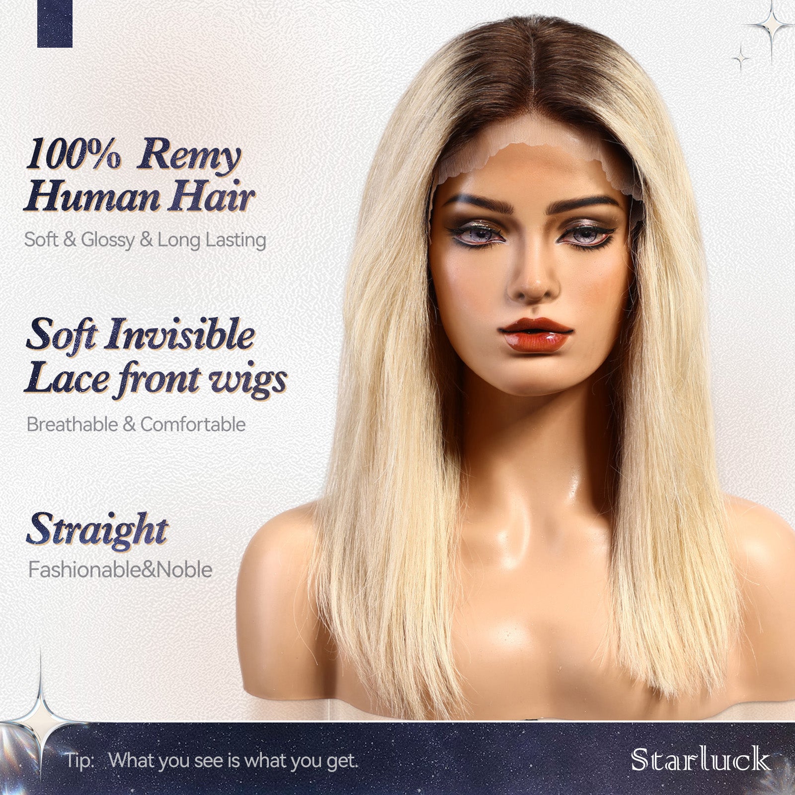 Image of starluck Ombre Blonde Wigs Human Hair Lace Front Wigs Human Hair for White Women 16 Inch Straight Realistic and Natural Daily Wear