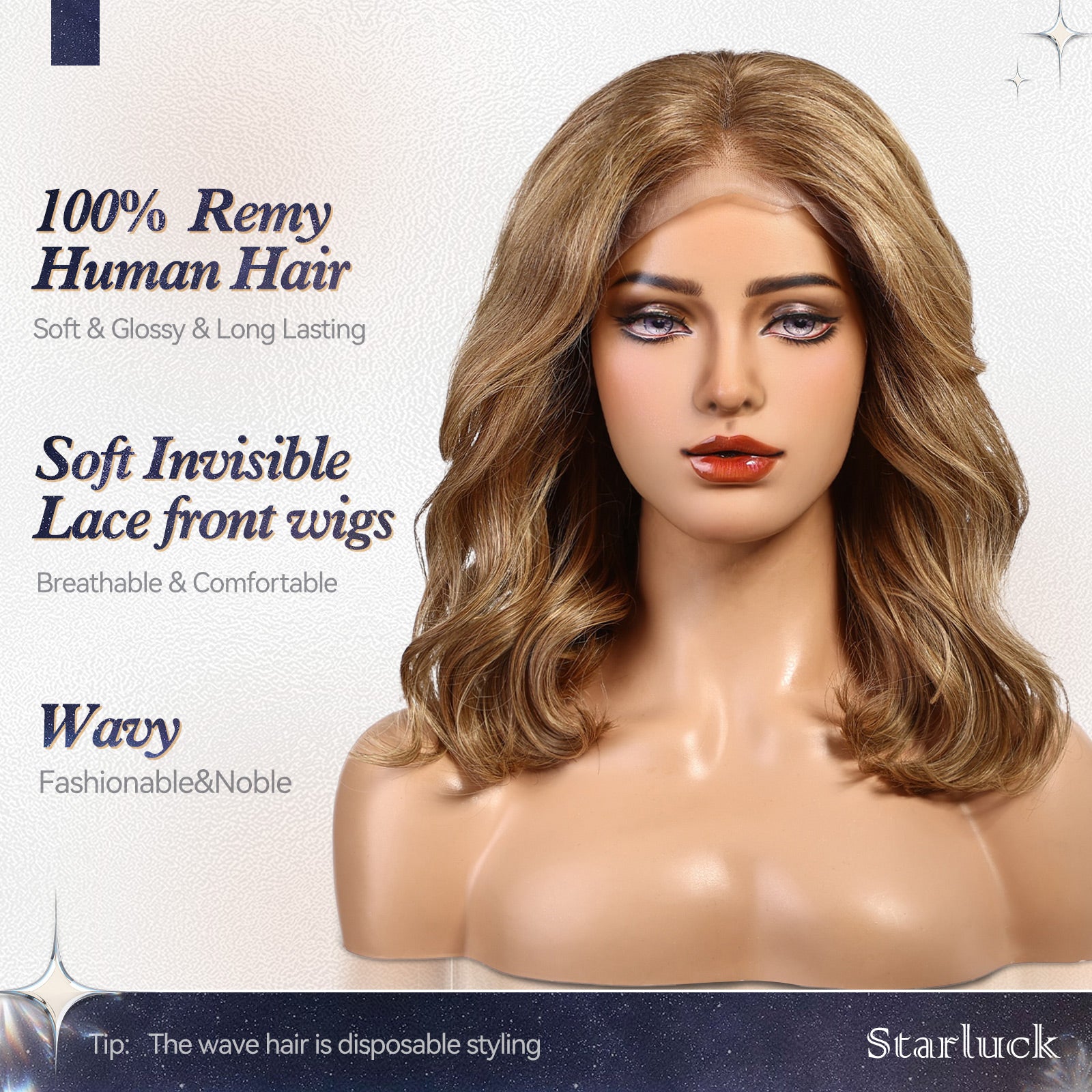 starluck Mixed Brown Wigs 100% Human Hair Lace Front Wigs Human Hair for White Women Pelucas De Mujer Pelo Humano 16 Inch Wavy Realistic and Natural Daily Wear