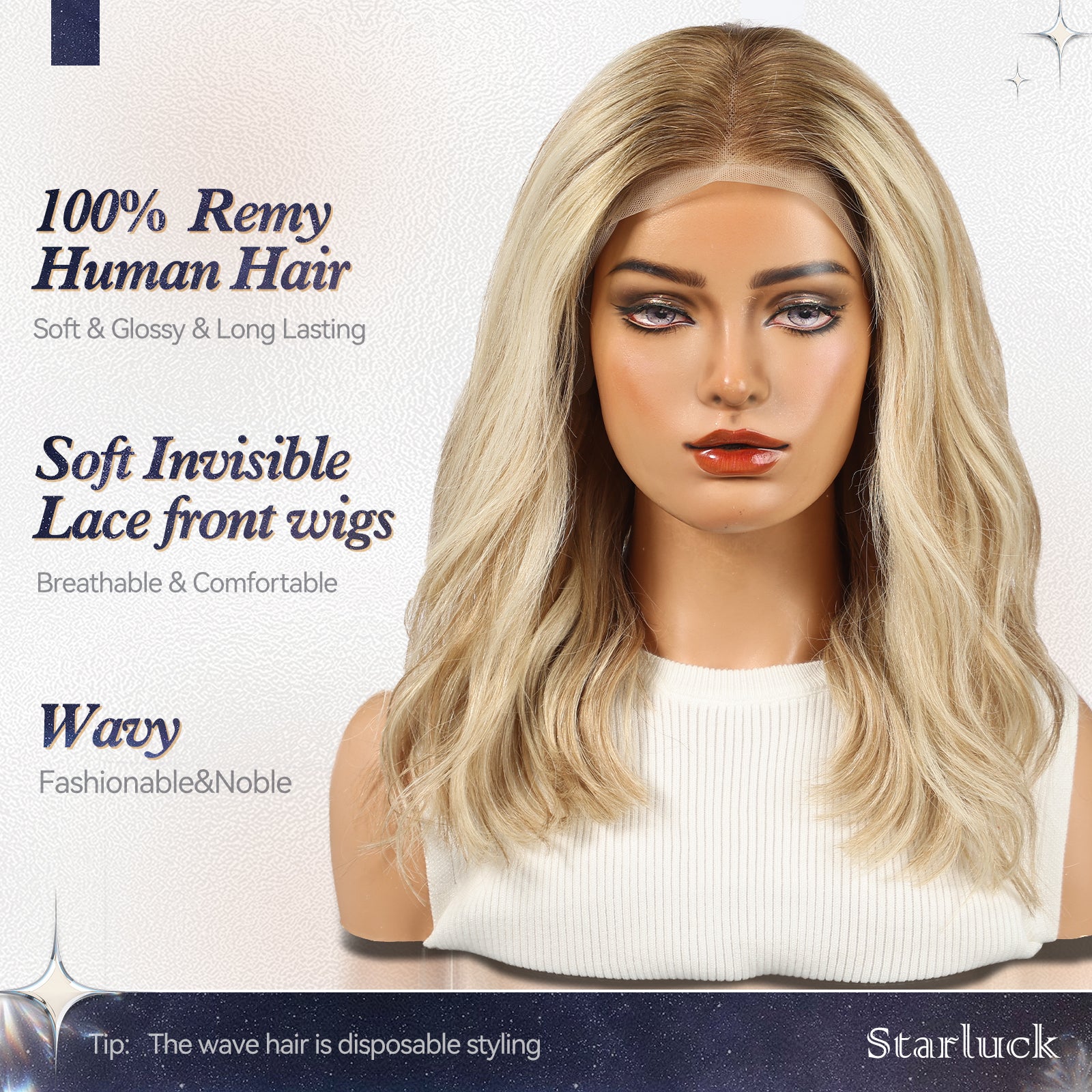 Image of starluck Ombre Blonde Wigs Human Hair Lace Front Wigs Human Hair for Women Pelucas De Mujer Pelo Humano 16 Inch Wavy Realistic and Natural Daily Wear