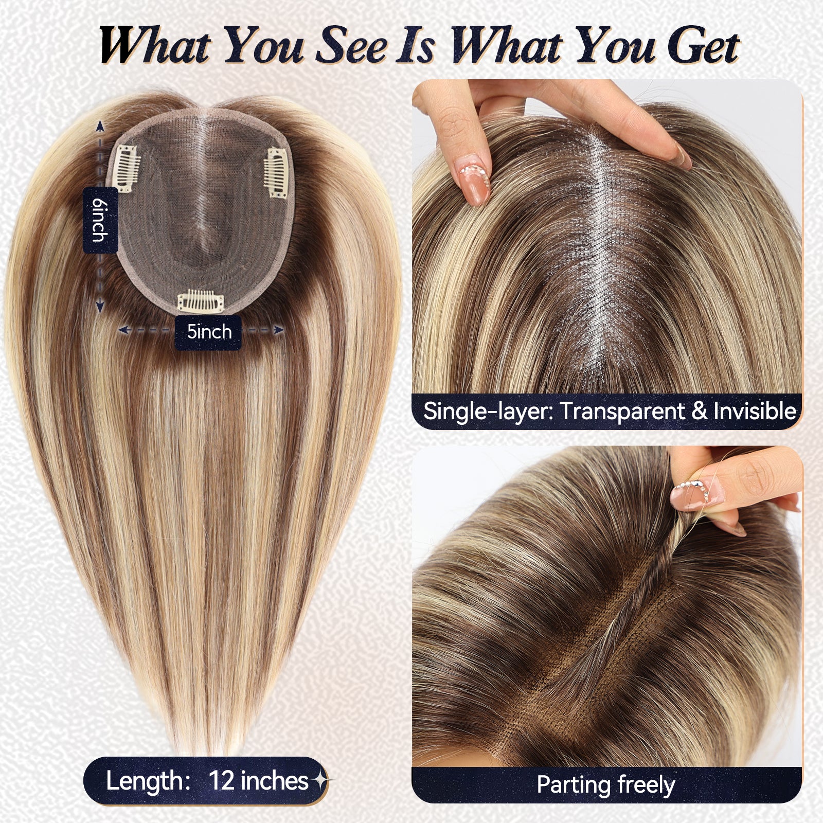 Image of starluck 6x5 inch Lage Swiss Base 14 Inch Real Human Hair Toppers,60 Gram, 100% Real Human Hair Toppers for Women with thinning hair hair loss No Bangs