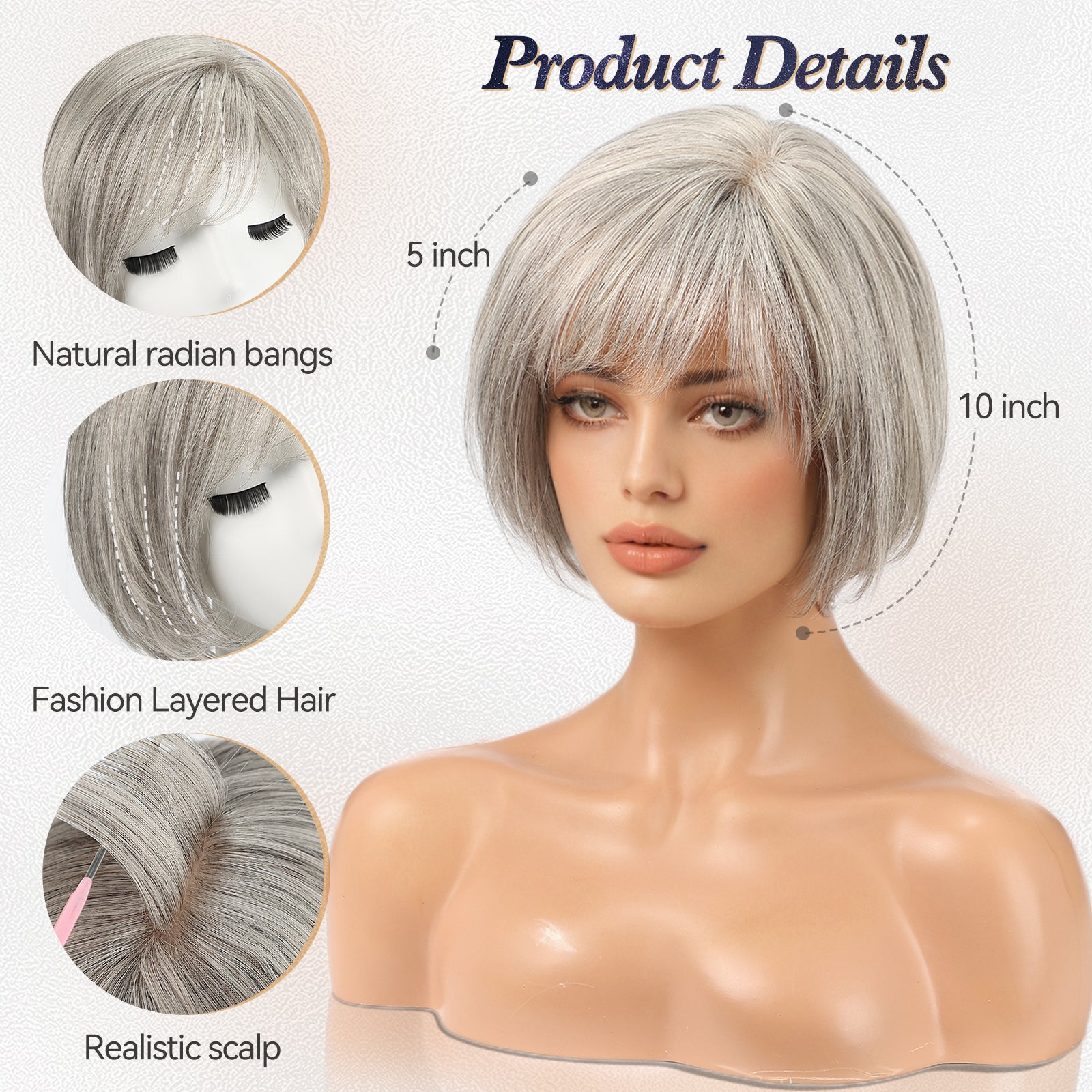 Image of starluck Hair Topper for Women Real Human Hair, 6.5x6.5 inch Base Bob with Bangs Side Part SilkHug Human Hair Topper for Women with ThinngHair Cover Gray Roots