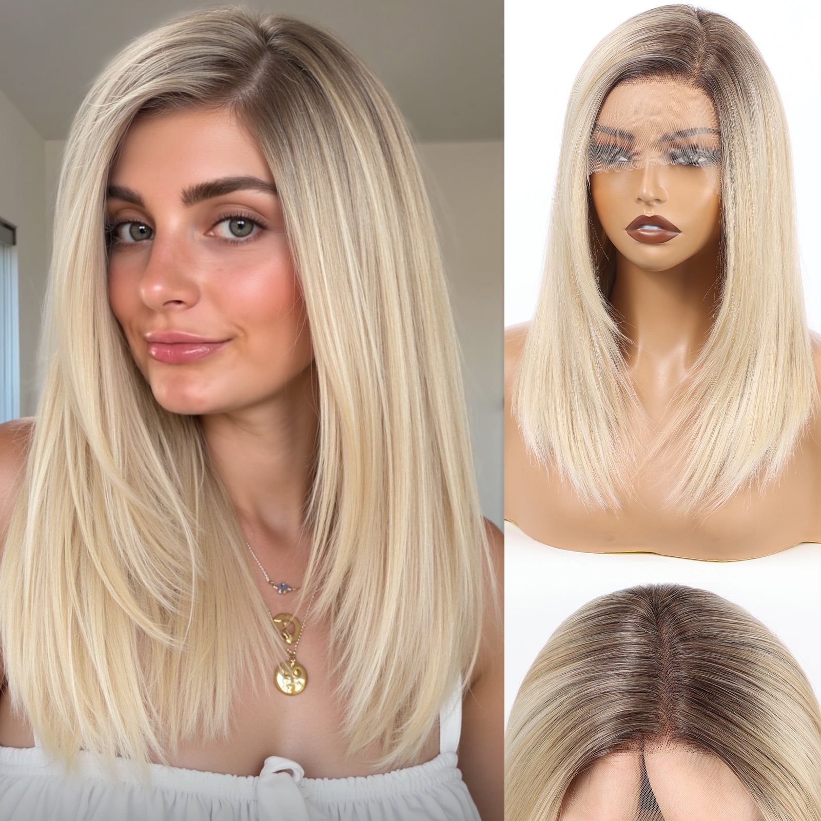 Image of Starluck Lace Front Wigs Human Hair 16 Inch 180 Density 13x5 Straight Pre Cut Plucked Glueless HD Side Part Human Hair Lace Frontal Glueless Wigs for Women