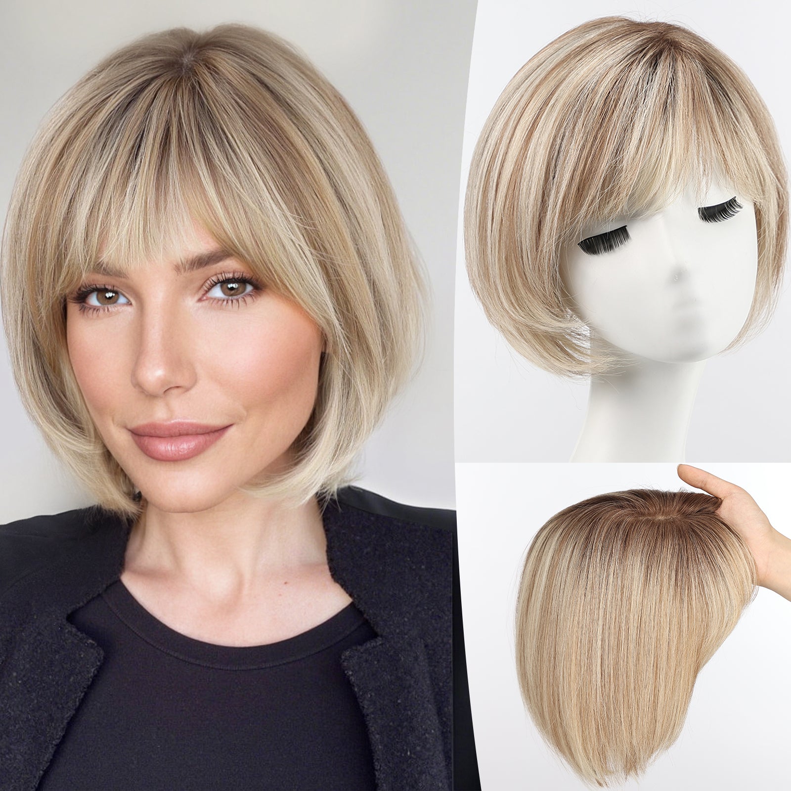 Image of starluck Hair Topper for Women Real Human Hair, 6.5x6.5 inch Base Bob with Bangs Side Part SilkHug Human Hair Topper for Women with ThinngHair Cover Gray Roots