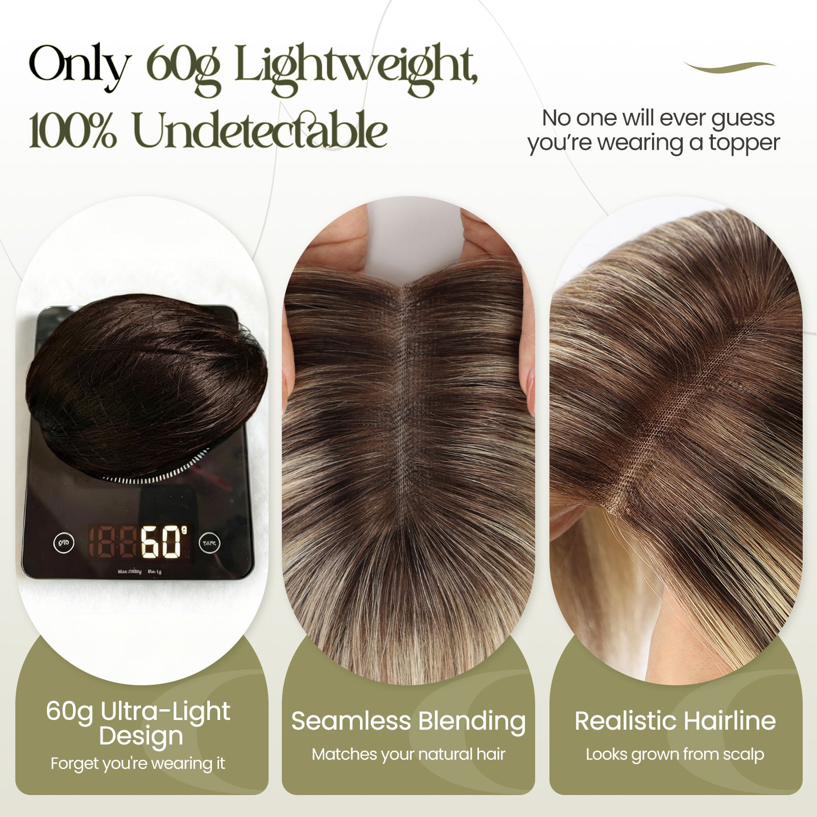 Image of Human Hair Topper with Halo Wire, Swiss Base by Skin-imitating Net Essentials with Bangs
