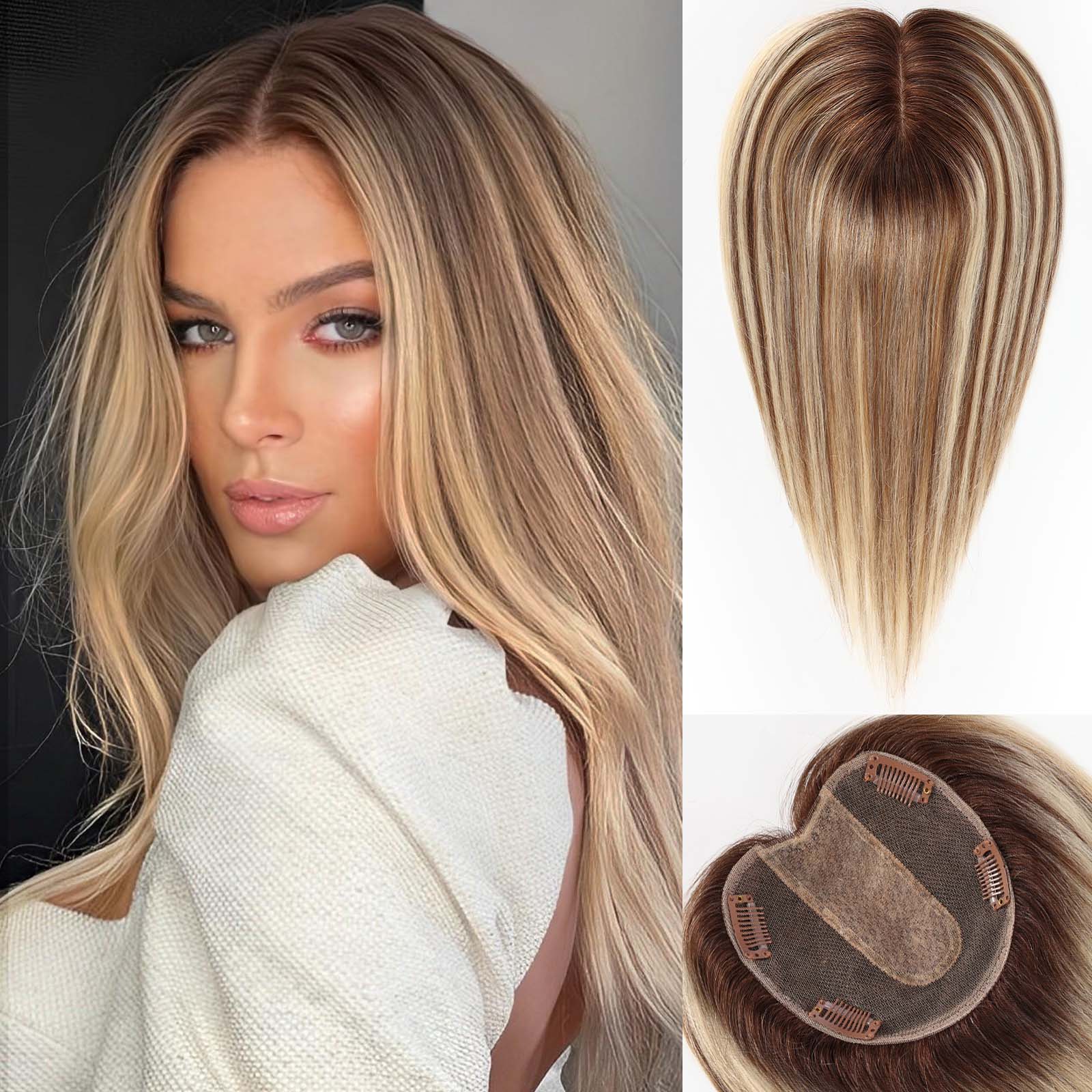 Image of starluck 5x5 inch Lage Silk Base 14 Inch Real Human Hair Toppers for Women,60 Gram High volume, 100% Real Human Hair Toppers for Women with thinning hair hair loss. no Bangs