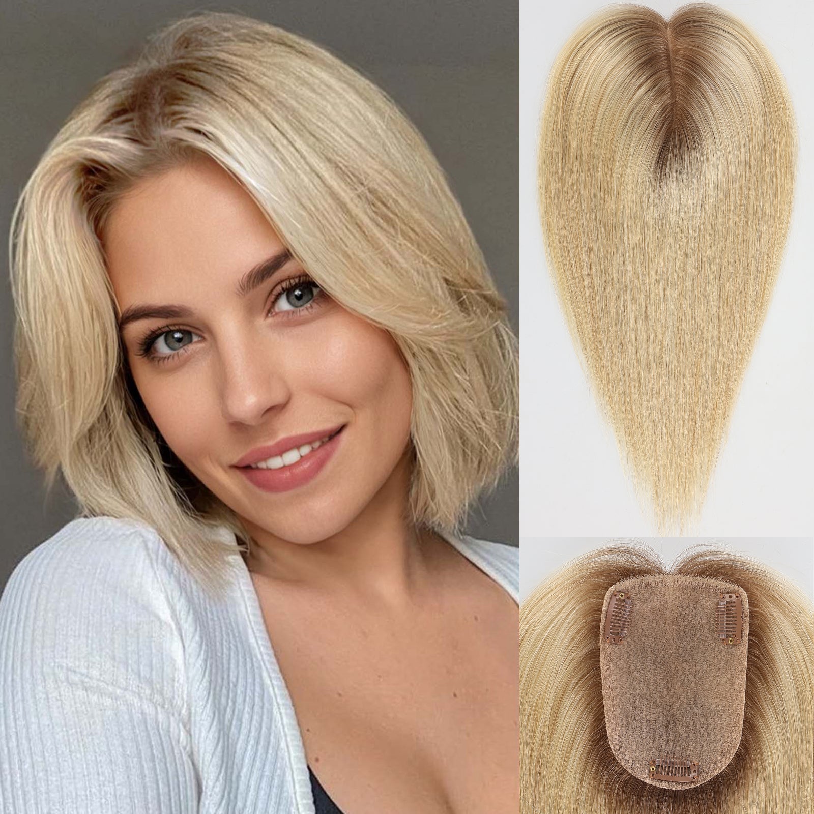 Image of Second Scalp Human Hair Toppers for Women Real Human Hair No Bangs 4 * 5.5 inch Base 12 inch SilkHug Hair Topper for Women Cover Grey Roots