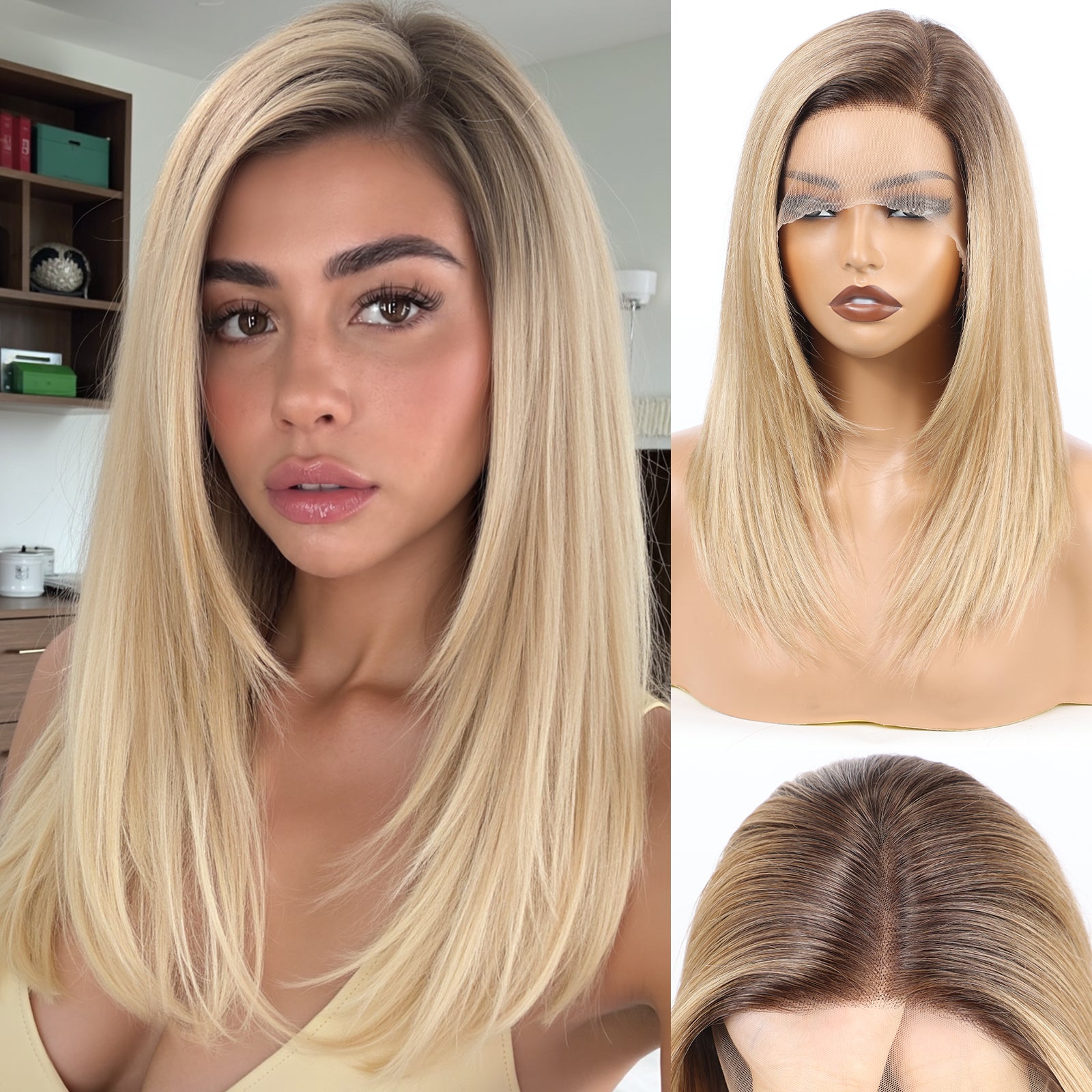 Image of Starluck Lace Front Wigs Human Hair 16 Inch 180 Density 13x5 Straight Pre Cut Plucked Glueless HD Side Part Human Hair Lace Frontal Glueless Wigs for Women