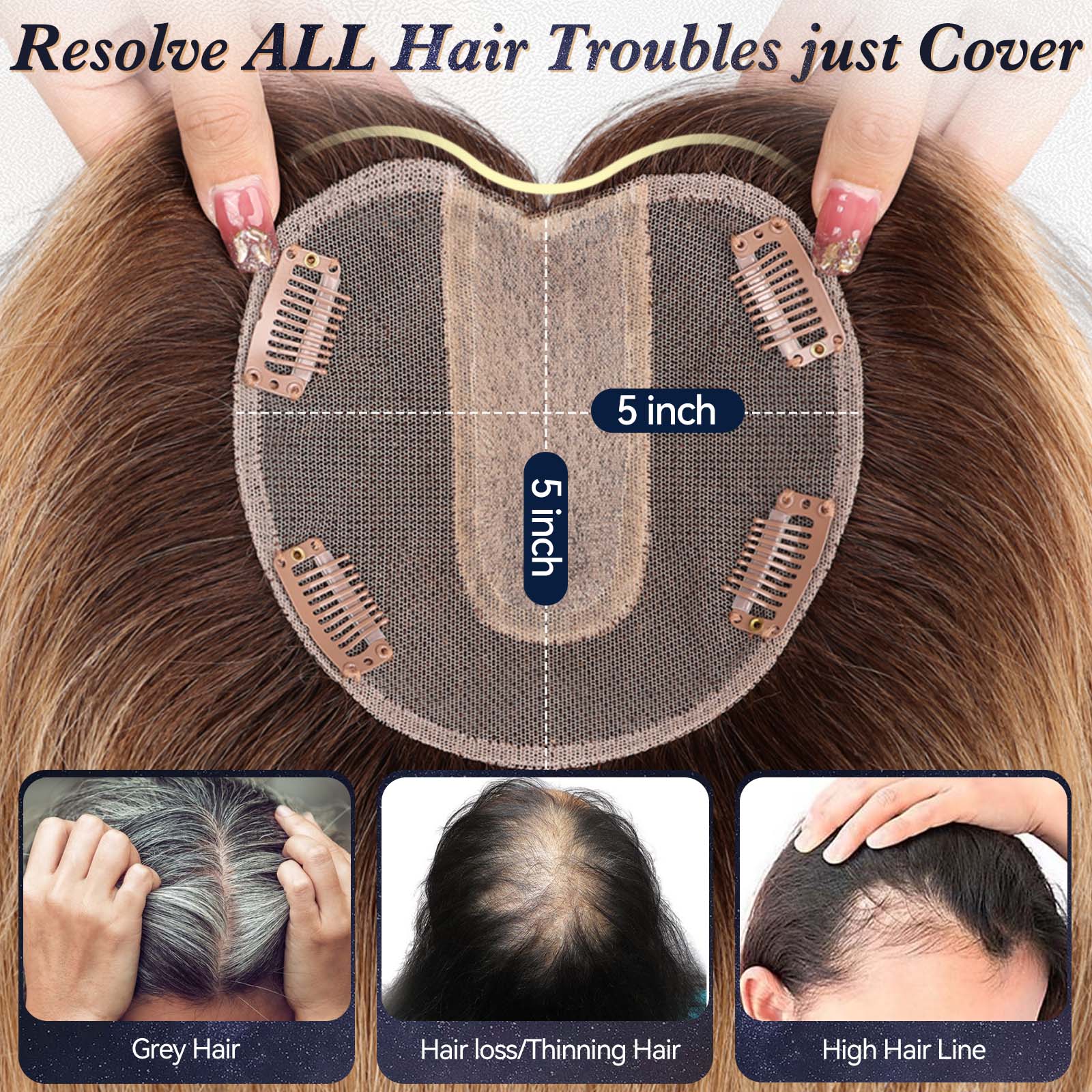 starluck 5x5 inch Lage Silk Base 14 Inch Real Human Hair Toppers for Women,60 Gram High volume, 100% Real Human Hair Toppers for Women with thinning hair hair loss. no Bangs