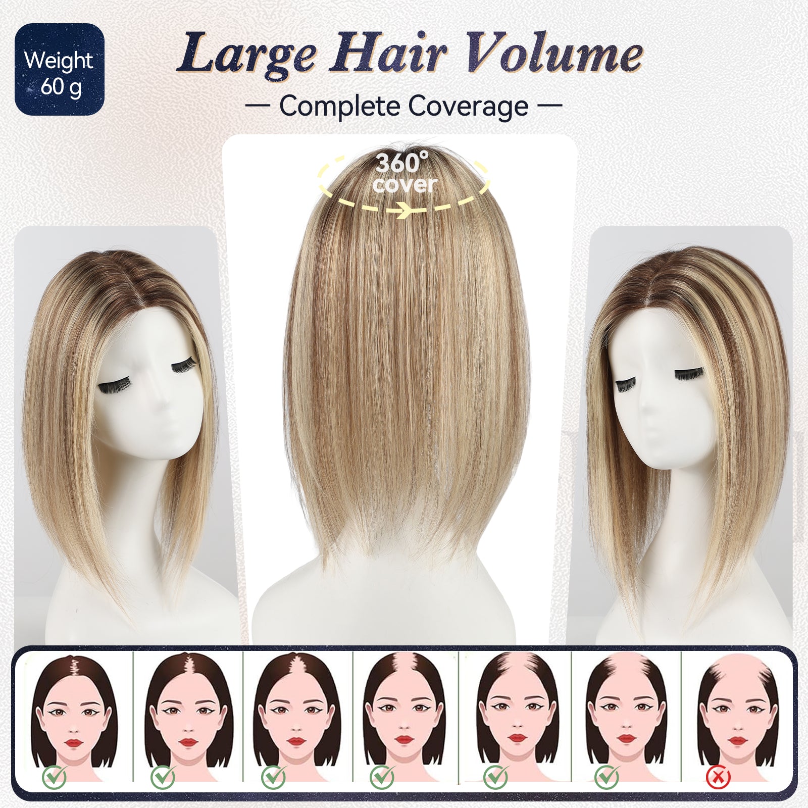 Image of starluck 6x5 inch Lage Swiss Base 14 Inch Real Human Hair Toppers,60 Gram, 100% Real Human Hair Toppers for Women with thinning hair hair loss No Bangs