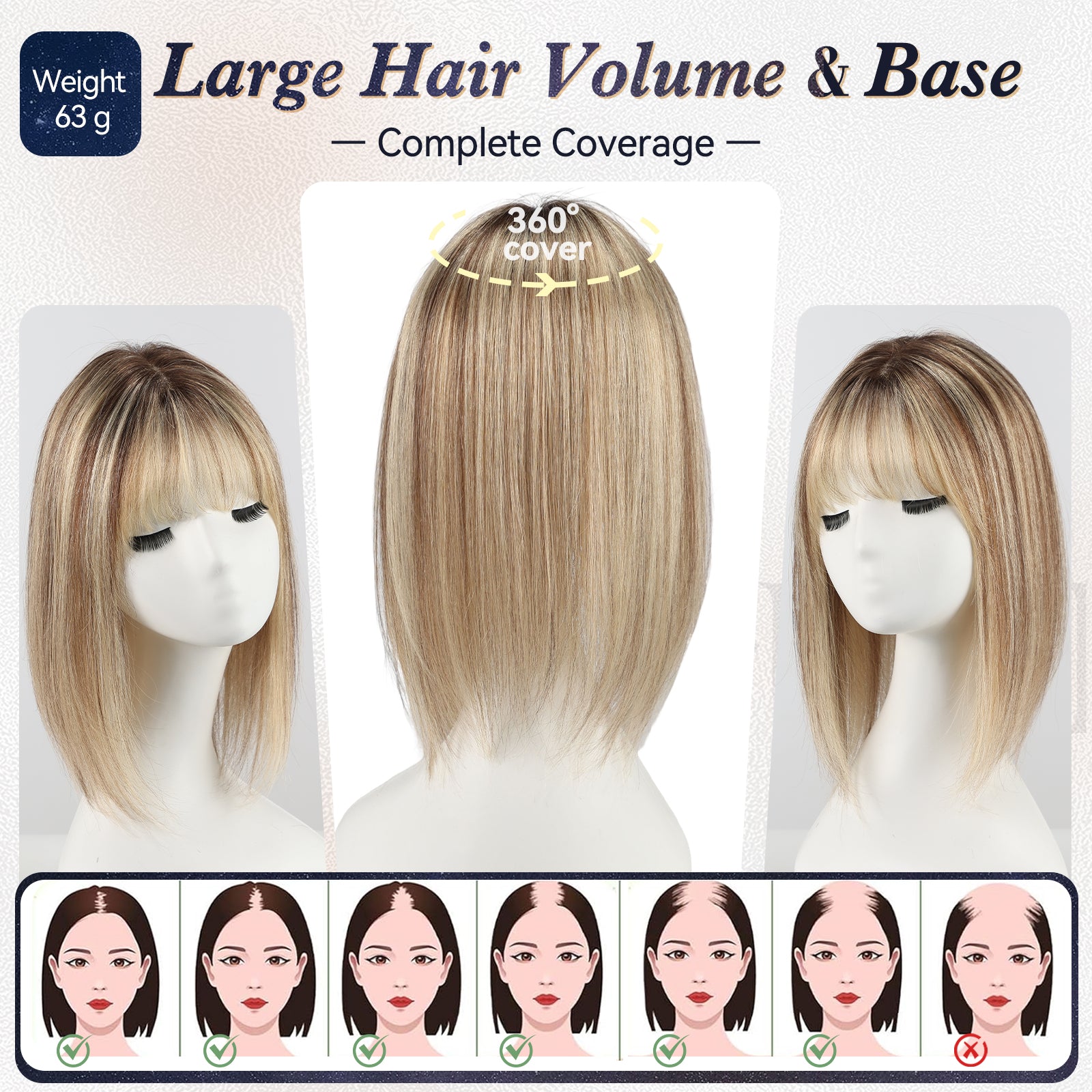starluck 6x5 inch Lage Swiss Base 14 Inch Real Human Hair Toppers,60 Gram, 100% Real Human Hair Toppers for Women with thinning hair hair loss with Bangs