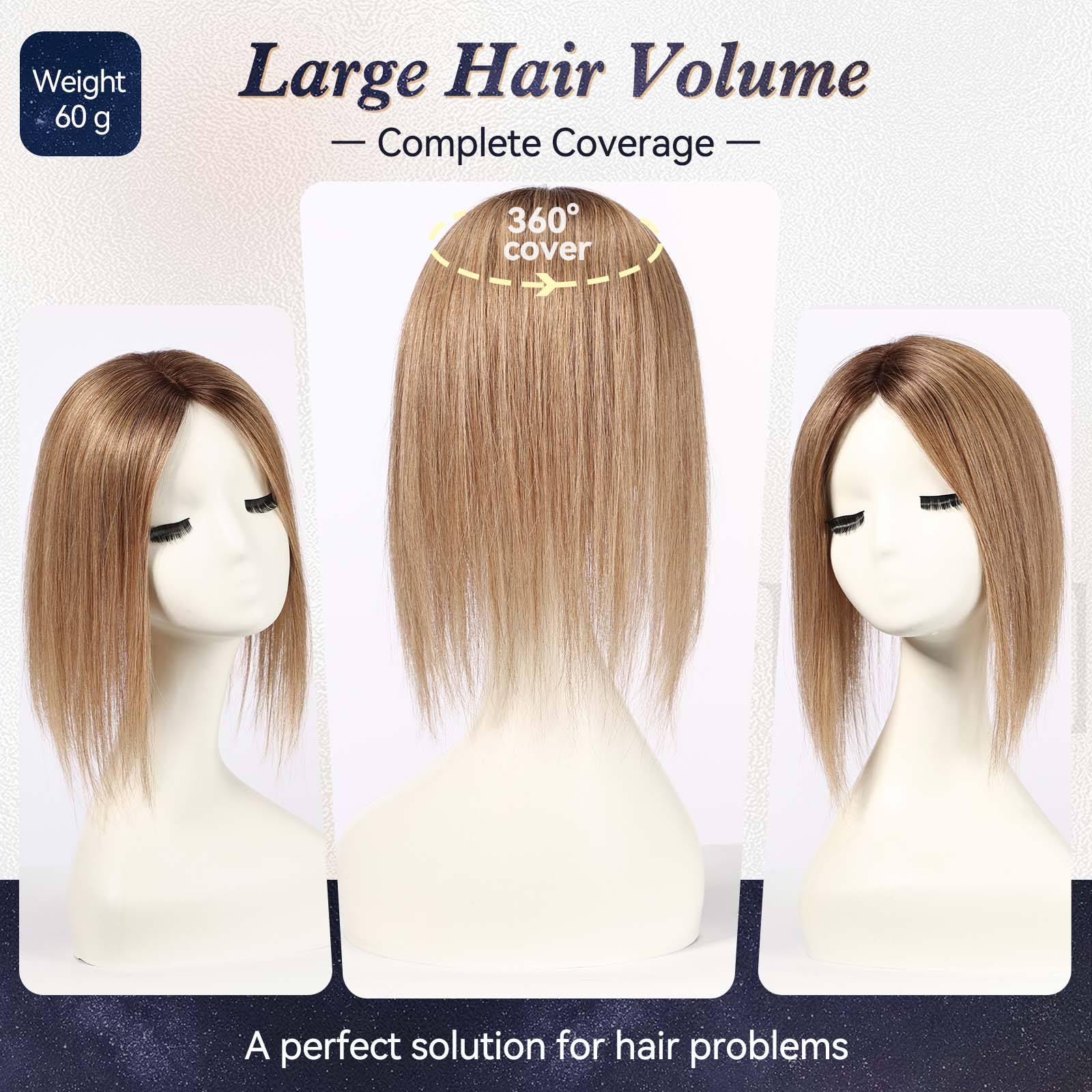starluck 5x5 inch Lage Silk Base 14 Inch Real Human Hair Toppers for Women,60 Gram High volume, 100% Real Human Hair Toppers for Women with thinning hair hair loss. no Bangs