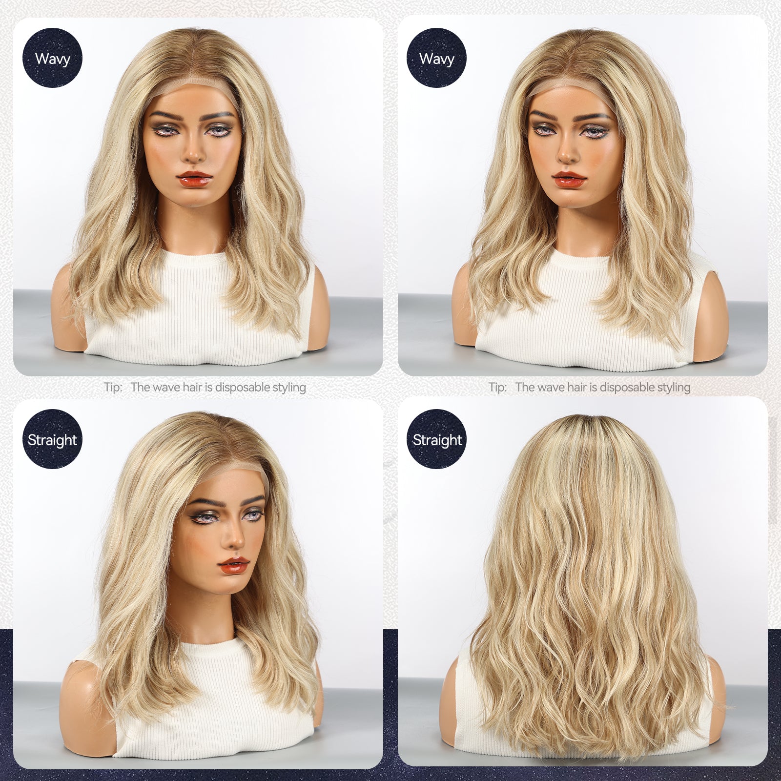 Image of starluck Ombre Blonde Wigs Human Hair Lace Front Wigs Human Hair for Women Pelucas De Mujer Pelo Humano 16 Inch Wavy Realistic and Natural Daily Wear