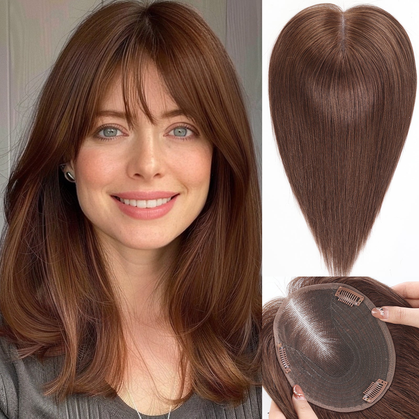 starluck 6x5 inch Lage Swiss Base 14 Inch Real Human Hair Toppers,60 Gram, 100% Real Human Hair Toppers for Women with thinning hair hair loss with Bangs