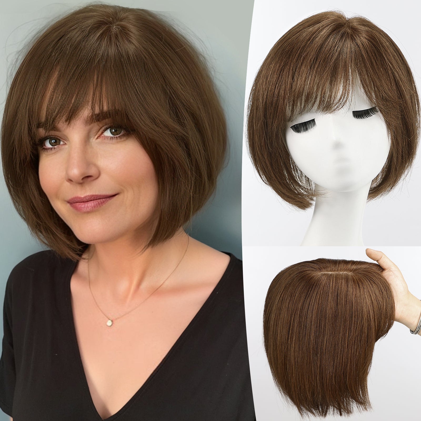 Image of starluck Hair Topper for Women Real Human Hair, 6.5x6.5 inch Base Bob with Bangs Side Part SilkHug Human Hair Topper for Women with ThinngHair Cover Gray Roots