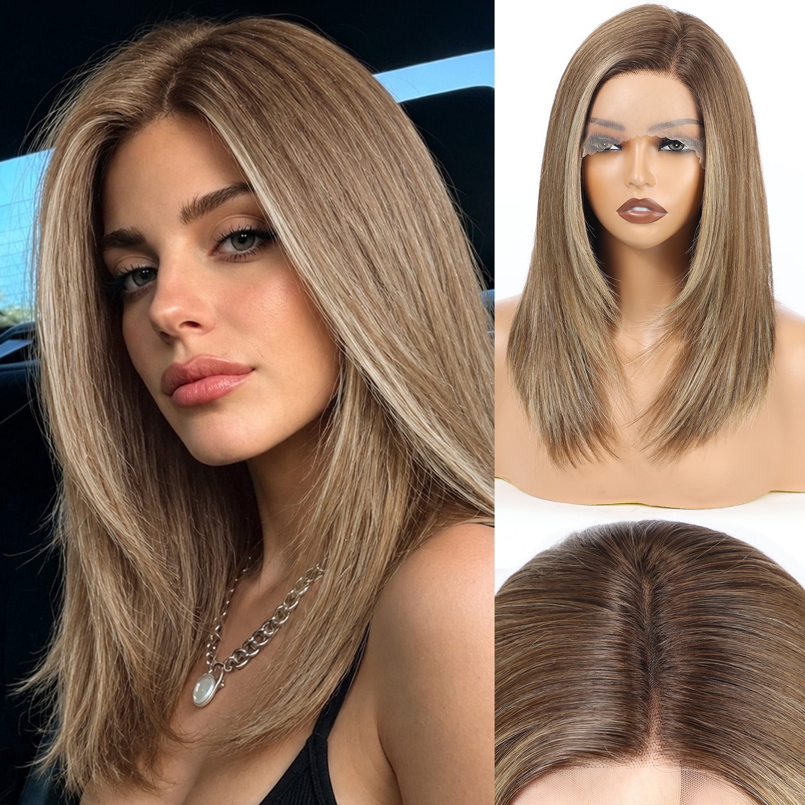 Image of Starluck Lace Front Wigs Human Hair 16 Inch 180 Density 13x5 Straight Pre Cut Plucked Glueless HD Side Part Human Hair Lace Frontal Glueless Wigs for Women