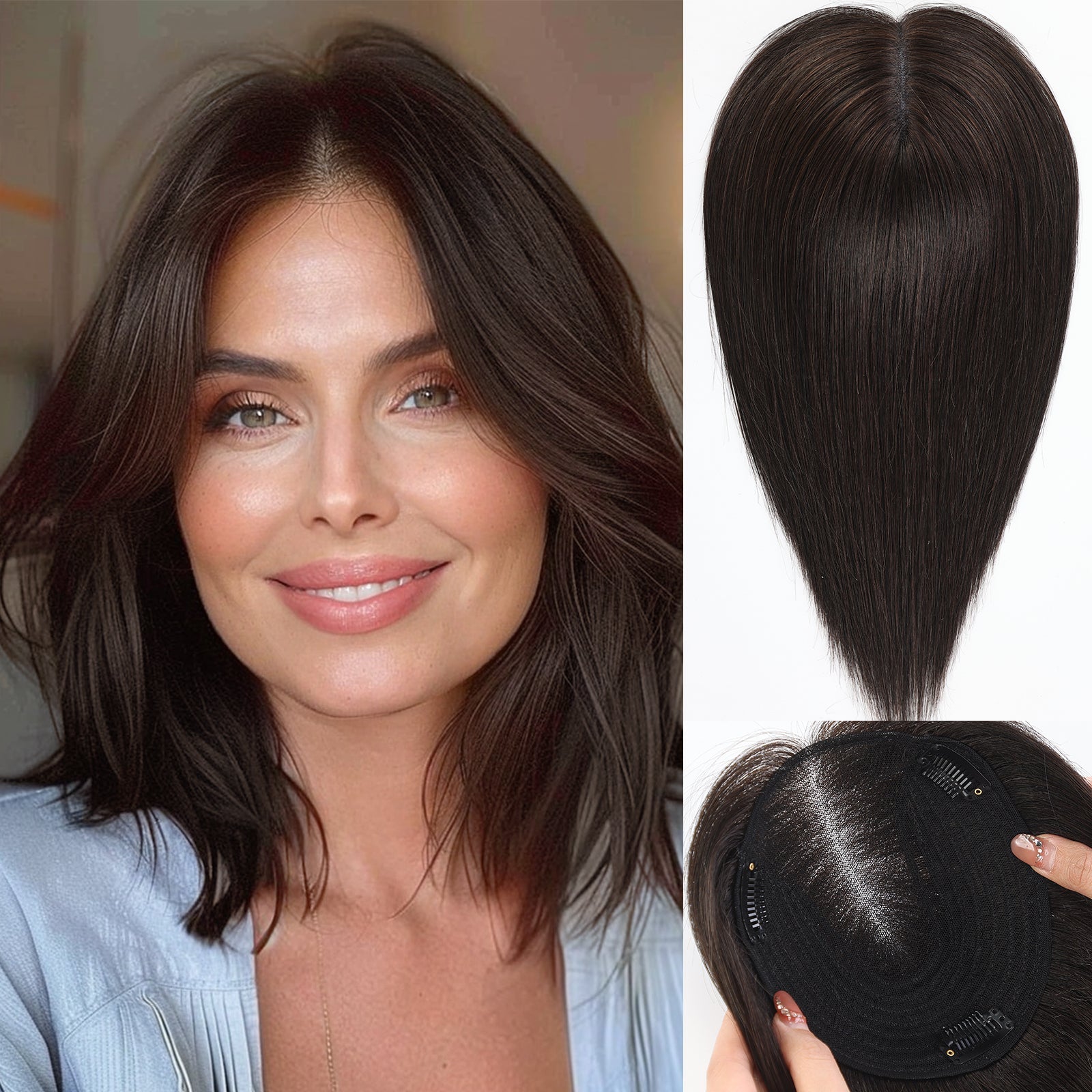 Image of starluck 6x5 inch Lage Swiss Base 14 Inch Real Human Hair Toppers,60 Gram, 100% Real Human Hair Toppers for Women with thinning hair hair loss No Bangs