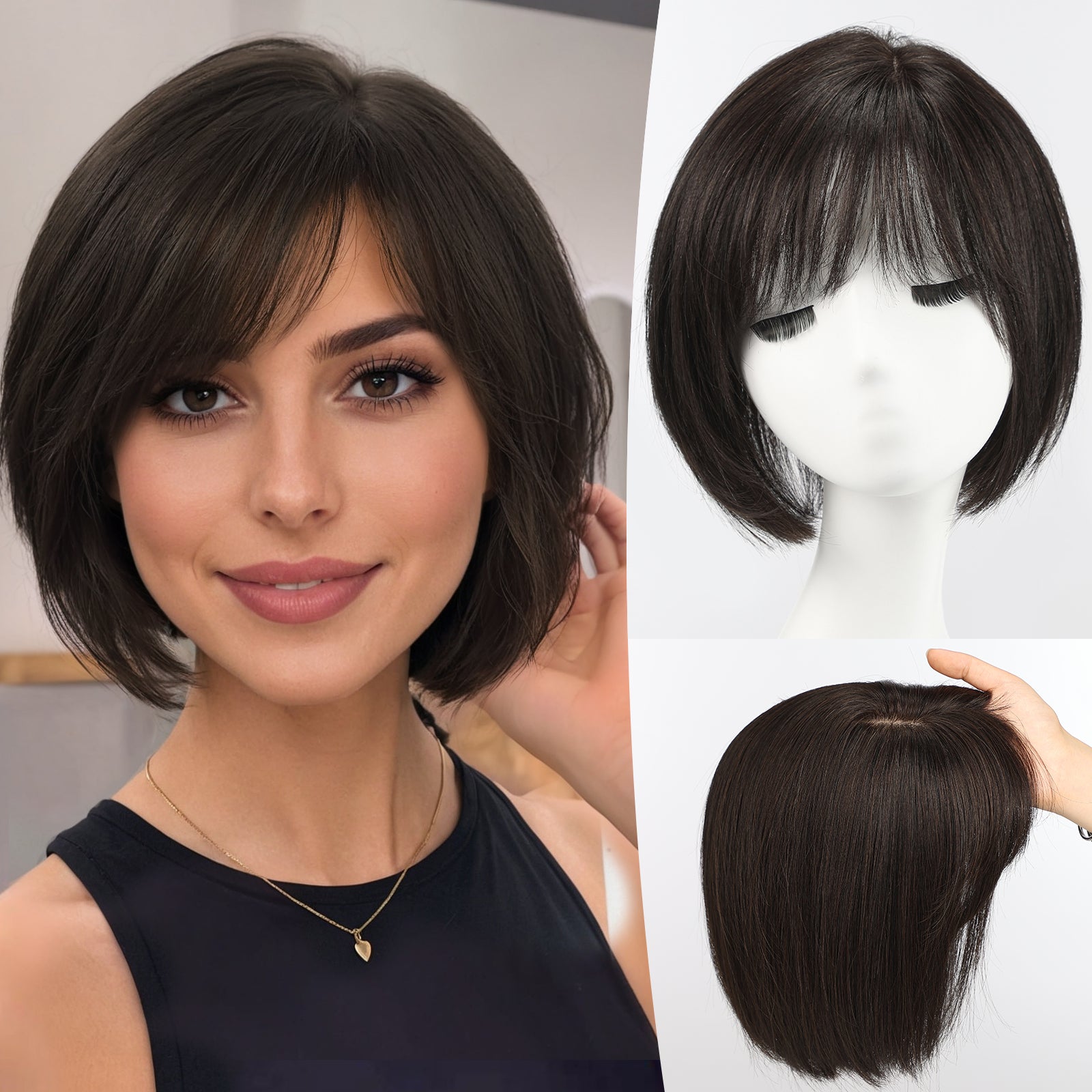 Image of starluck Hair Topper for Women Real Human Hair, 6.5x6.5 inch Base Bob with Bangs Side Part SilkHug Human Hair Topper for Women with ThinngHair Cover Gray Roots