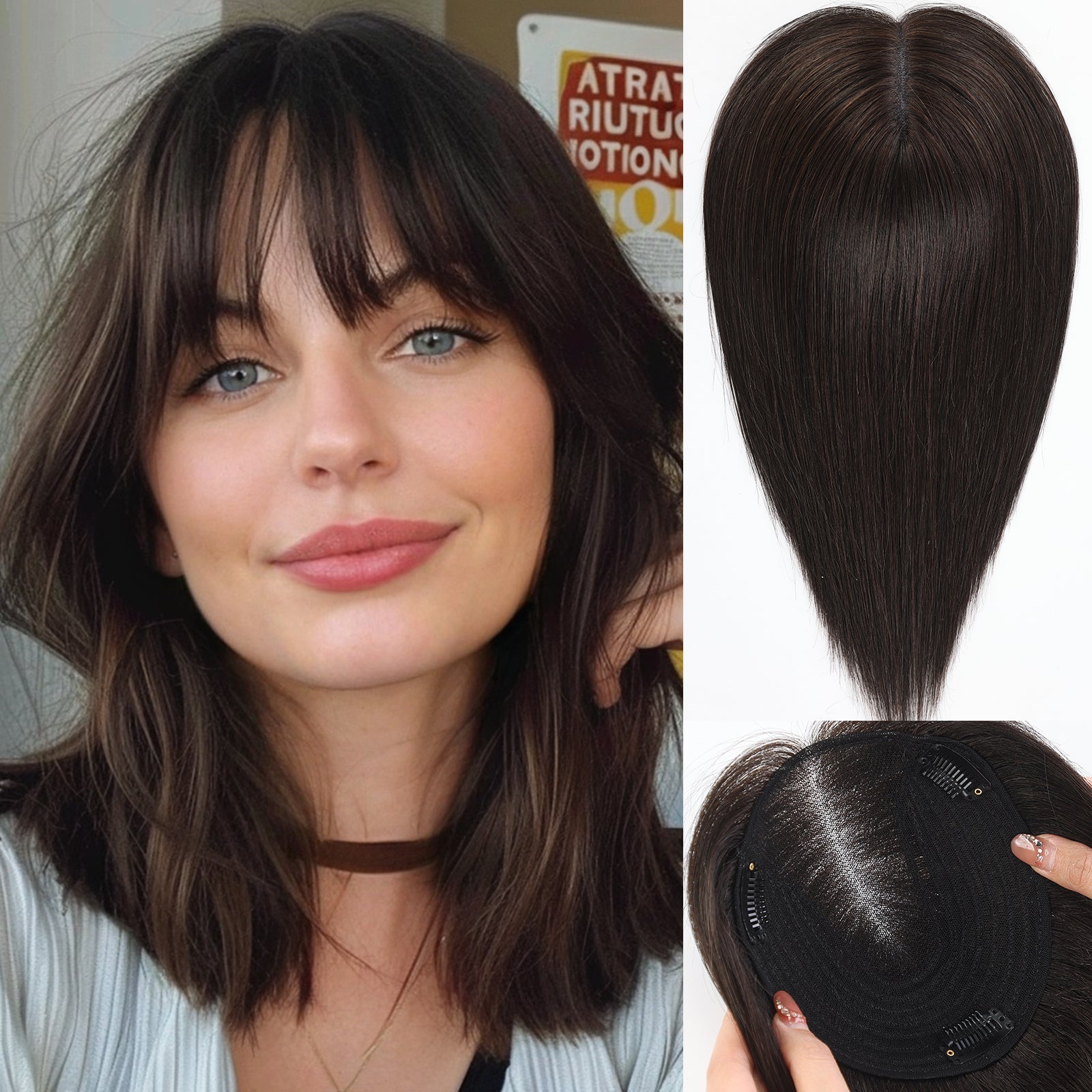 starluck 6x5 inch Lage Swiss Base 14 Inch Real Human Hair Toppers,60 Gram, 100% Real Human Hair Toppers for Women with thinning hair hair loss with Bangs