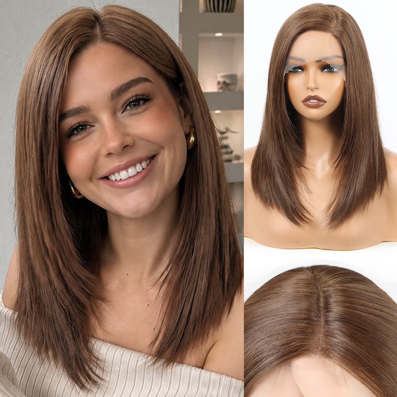 Image of Starluck Lace Front Wigs Human Hair 16 Inch 180 Density 13x5 Straight Pre Cut Plucked Glueless HD Side Part Human Hair Lace Frontal Glueless Wigs for Women