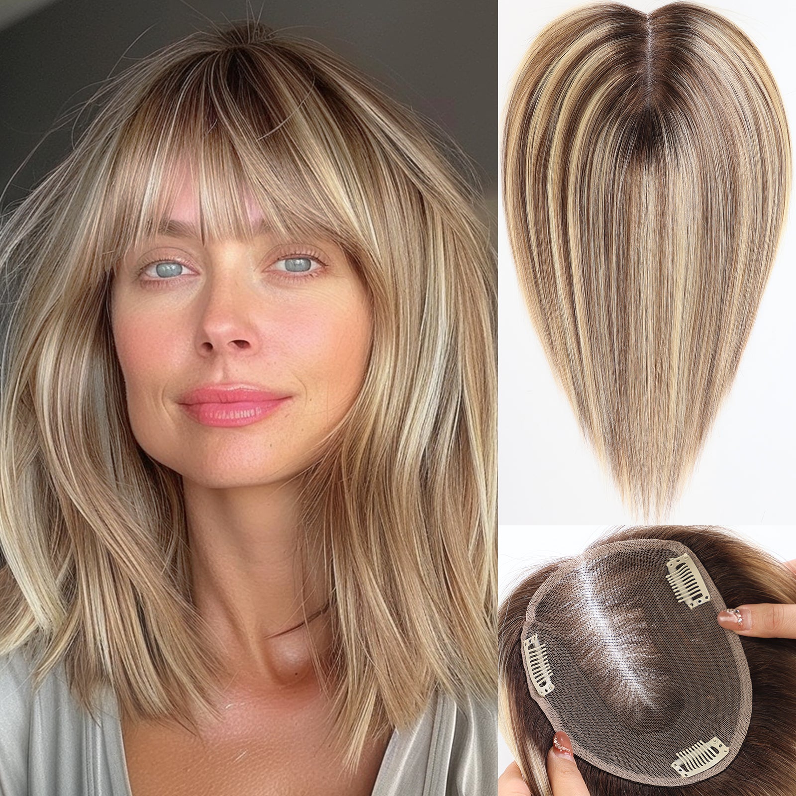starluck 6x5 inch Lage Swiss Base 14 Inch Real Human Hair Toppers,60 Gram, 100% Real Human Hair Toppers for Women with thinning hair hair loss with Bangs