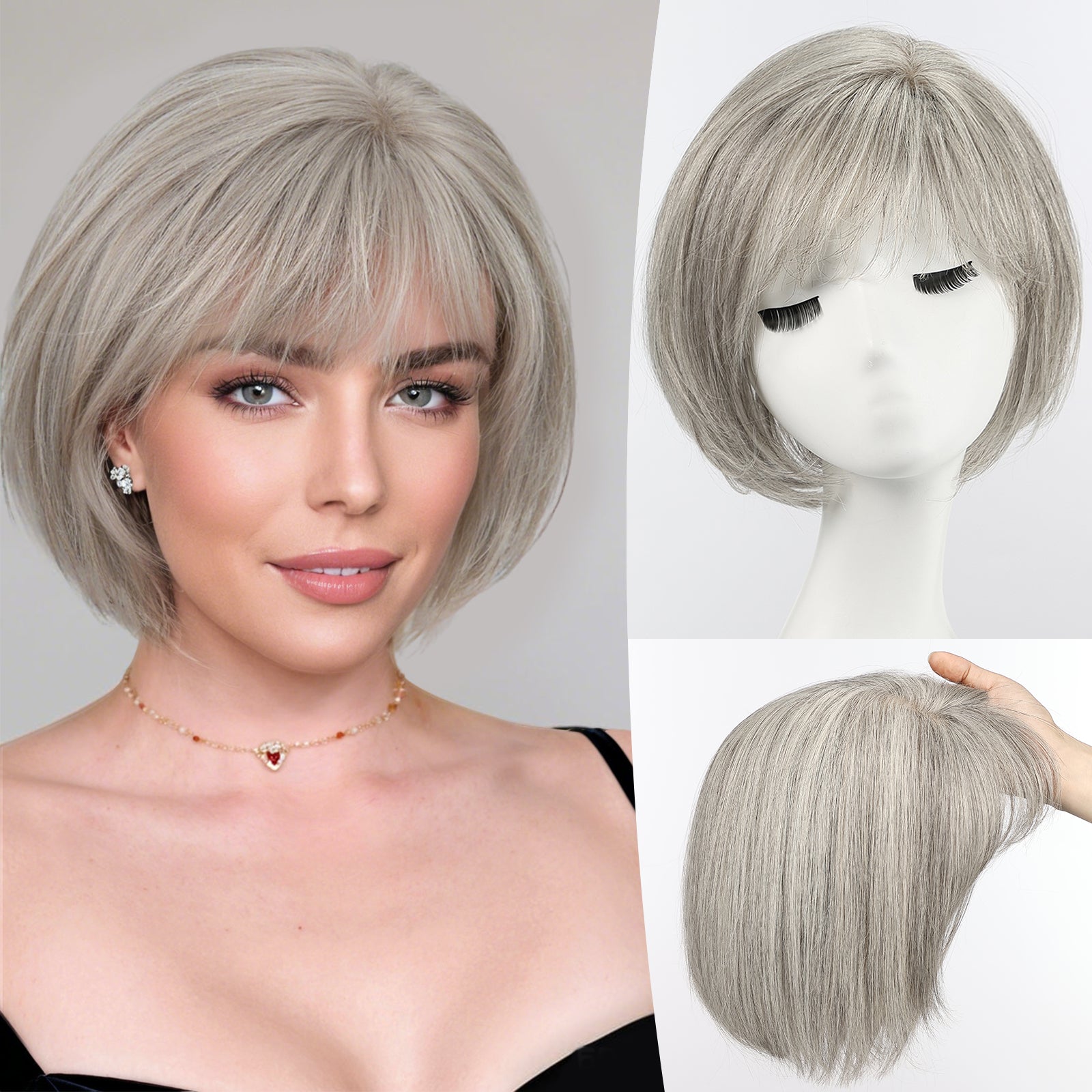 starluck Hair Topper for Women Real Human Hair, 6.5x6.5 inch Base Bob with Bangs Side Part SilkHug Human Hair Topper for Women with ThinngHair Cover Gray Roots