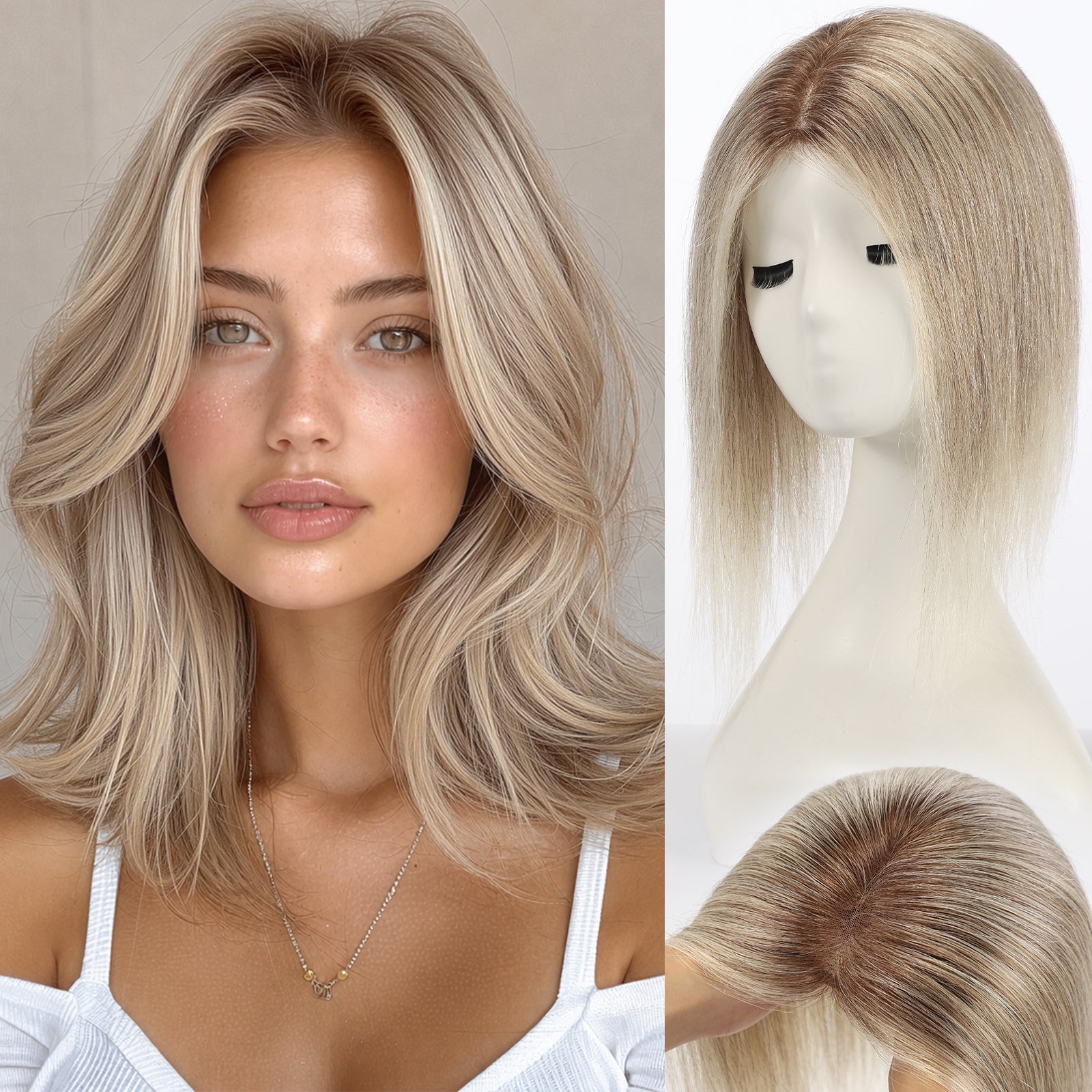 Image of Human Hair Topper with Halo Wire, Swiss Base by Skin-imitating Net Essentials