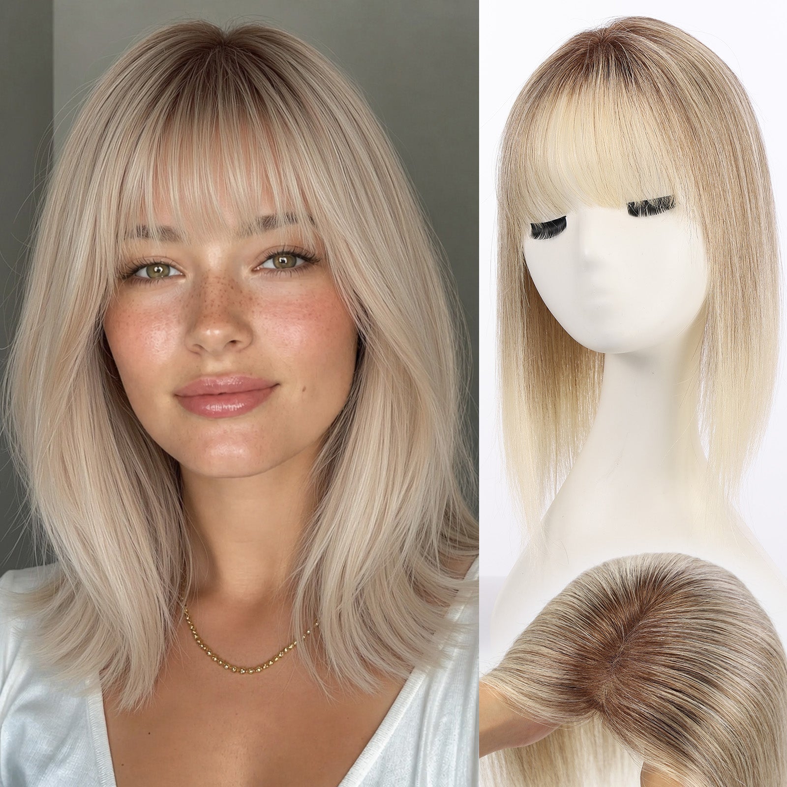 Image of Human Hair Topper with Halo Wire, Swiss Base by Skin-imitating Net Essentials with Bangs